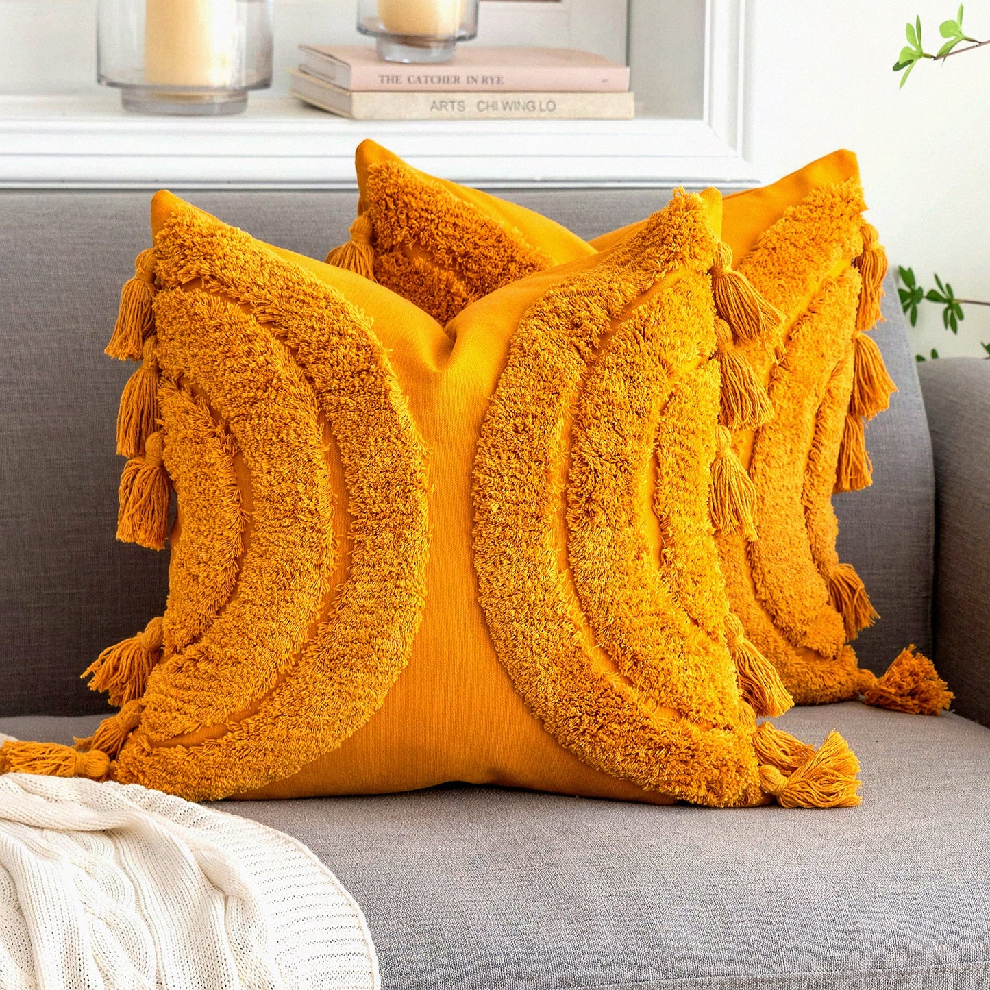 Boho Rainbow Tufted Cushion Covers - Cozy Half Moon Accent Decorative Throw Pillow Cases for Home Decor, 18"X 18" Mustard Yellow 2 Pack