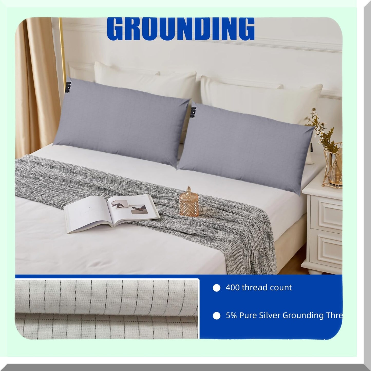 Grounding Comfort Cotton Pillowcase Set - Inflammation Reduction Sleep Therapy - Conductive Pillow Cover with Grounding Cord - 2PCS 20"30"