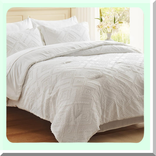 Boho Chic Farmhouse Comforter Set - 5 Piece White Bed in a Bag with Sheets - Ultra Soft Microfiber Tufted Bedding for Twin/Twin XL - All Season Shabby Chic Twin Comforter