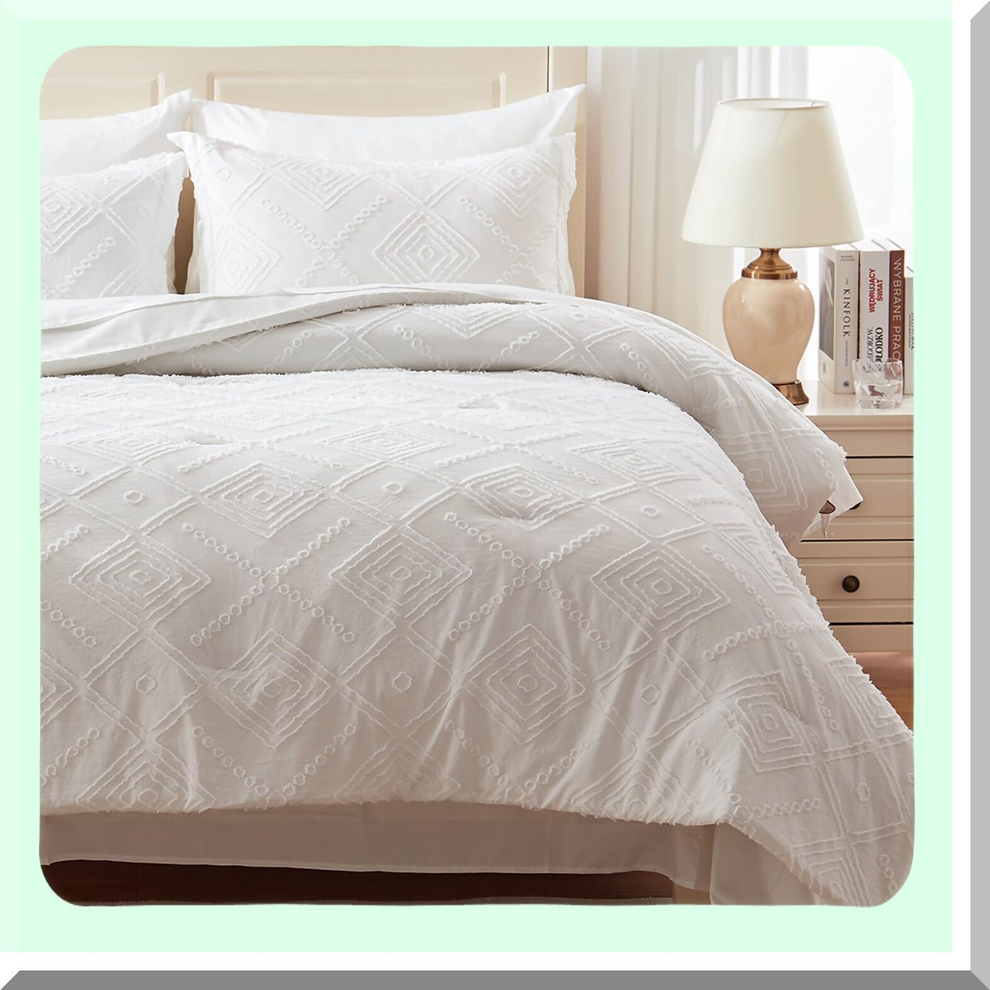 Boho Chic Farmhouse Comforter Set - 5 Piece White Bed in a Bag with Sheets - Ultra Soft Microfiber Tufted Bedding for Twin/Twin XL - All Season Shabby Chic Twin Comforter