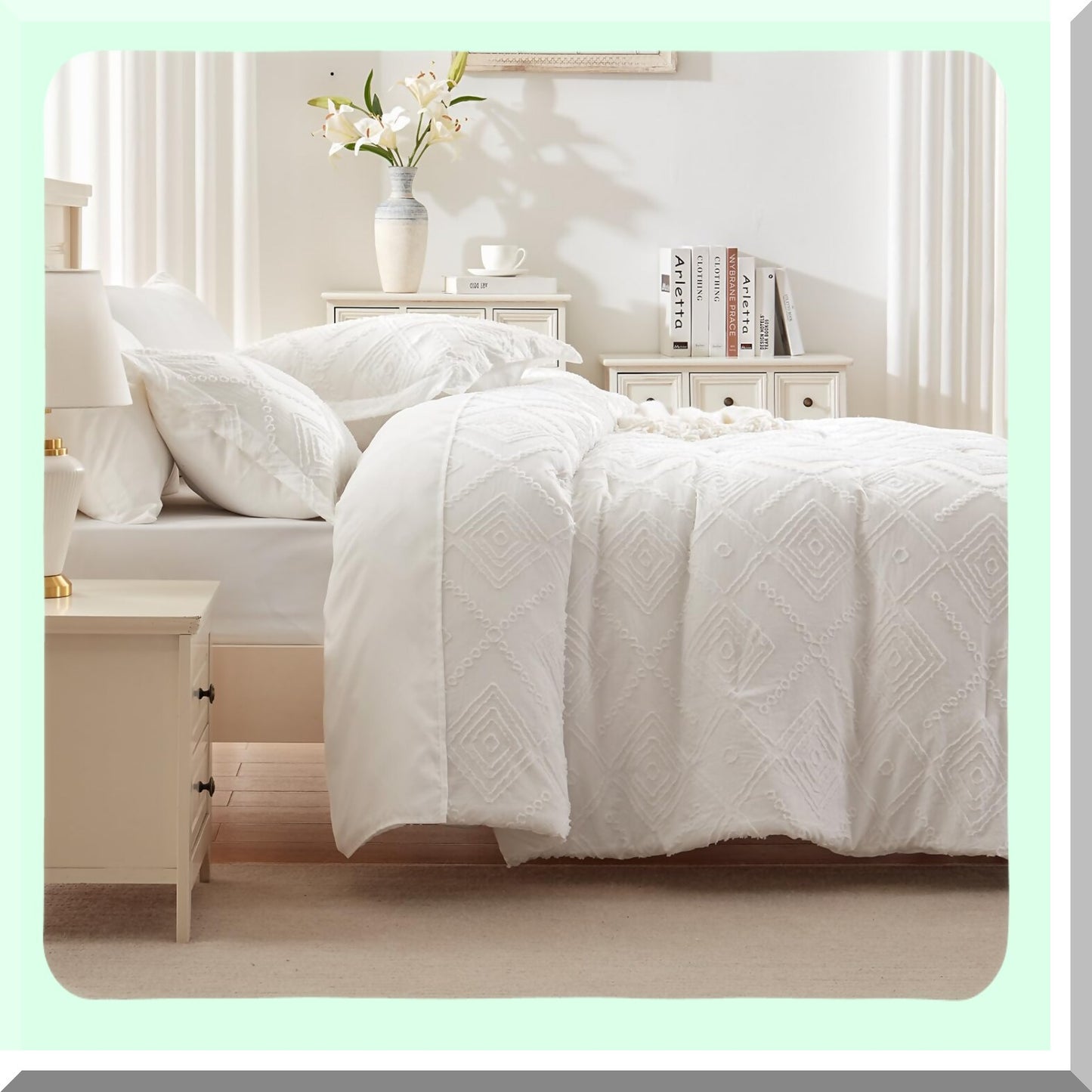 Boho Chic Farmhouse Comforter Set - 5 Piece White Bed in a Bag with Sheets - Ultra Soft Microfiber Tufted Bedding for Twin/Twin XL - All Season Shabby Chic Twin Comforter