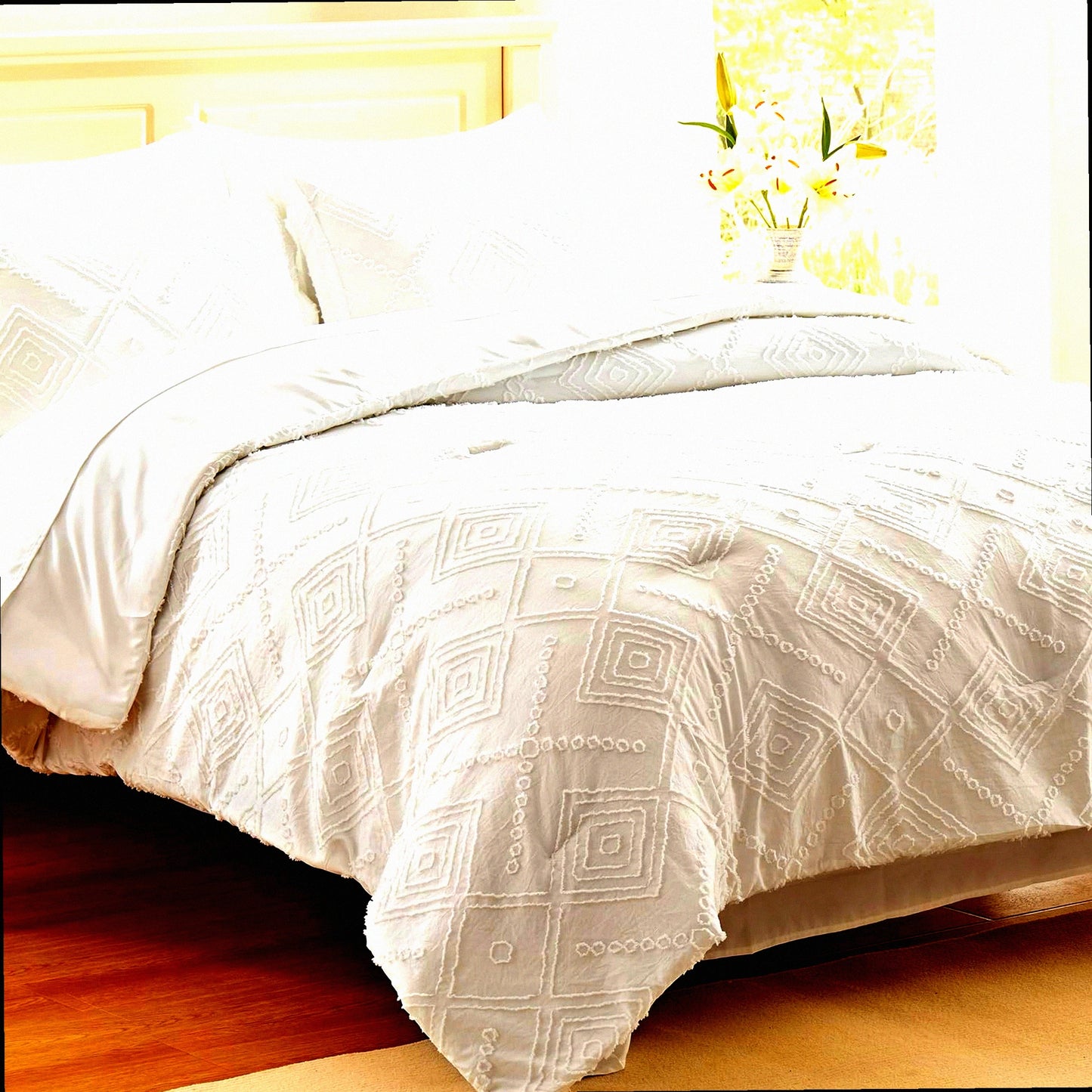 Boho Chic Farmhouse Comforter Set - 5 Piece White Bed in a Bag with Sheets - Ultra Soft Microfiber Tufted Bedding for Twin/Twin XL - All Season Shabby Chic Twin Comforter