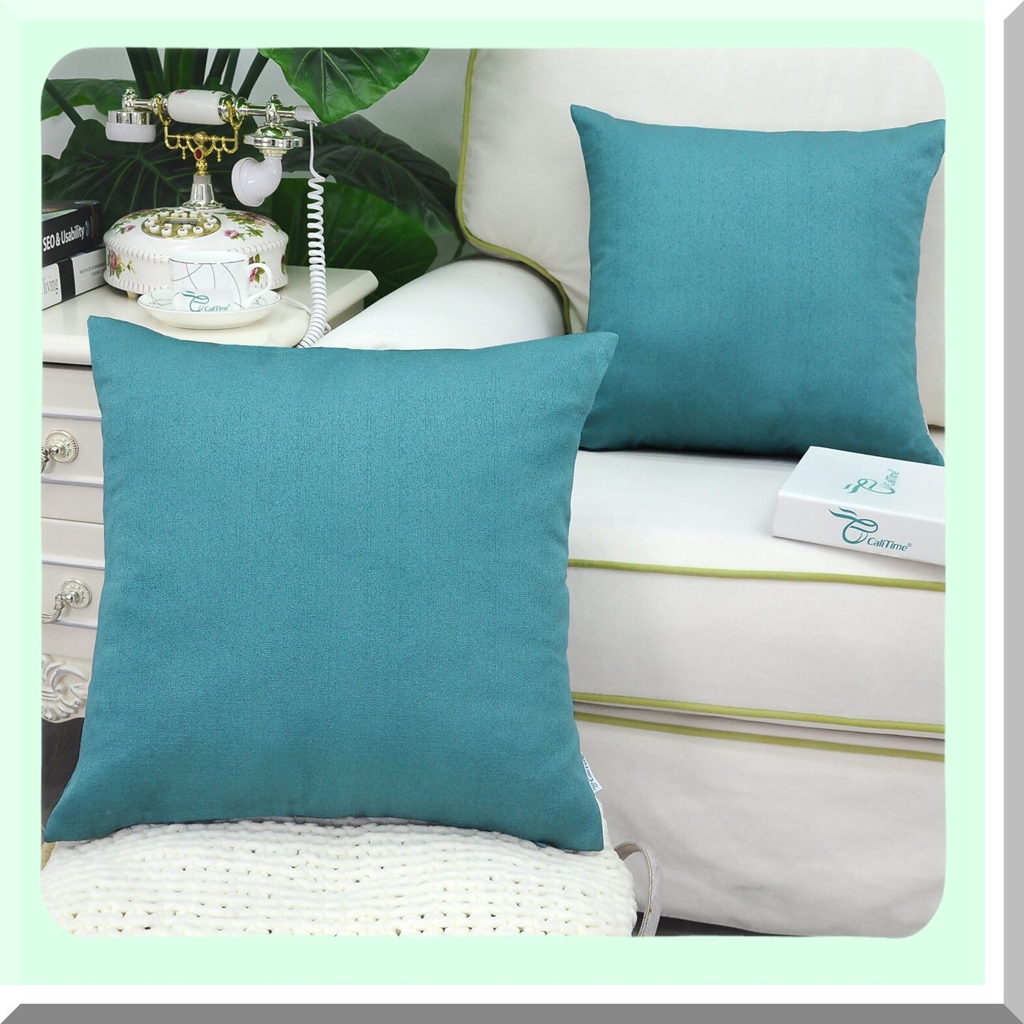 Shiny Linen Teal Throw Pillow Covers - Set of 2 | Soft Woven Texture Sofa Cushion Cases for Home Decor - 18 X 18 Inches