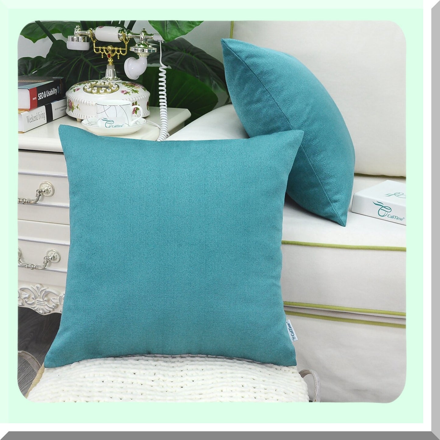 Shiny Linen Teal Throw Pillow Covers - Set of 2 | Soft Woven Texture Sofa Cushion Cases for Home Decor - 18 X 18 Inches