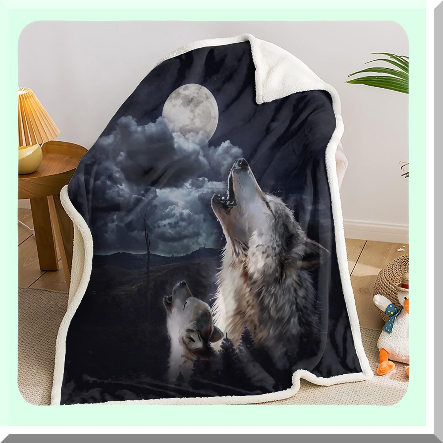 Moonlit Howl Sherpa Blanket - Cozy Soft Fleece for Boys & Adults, Wolf Father and Son Design, 59 x 47 Inches