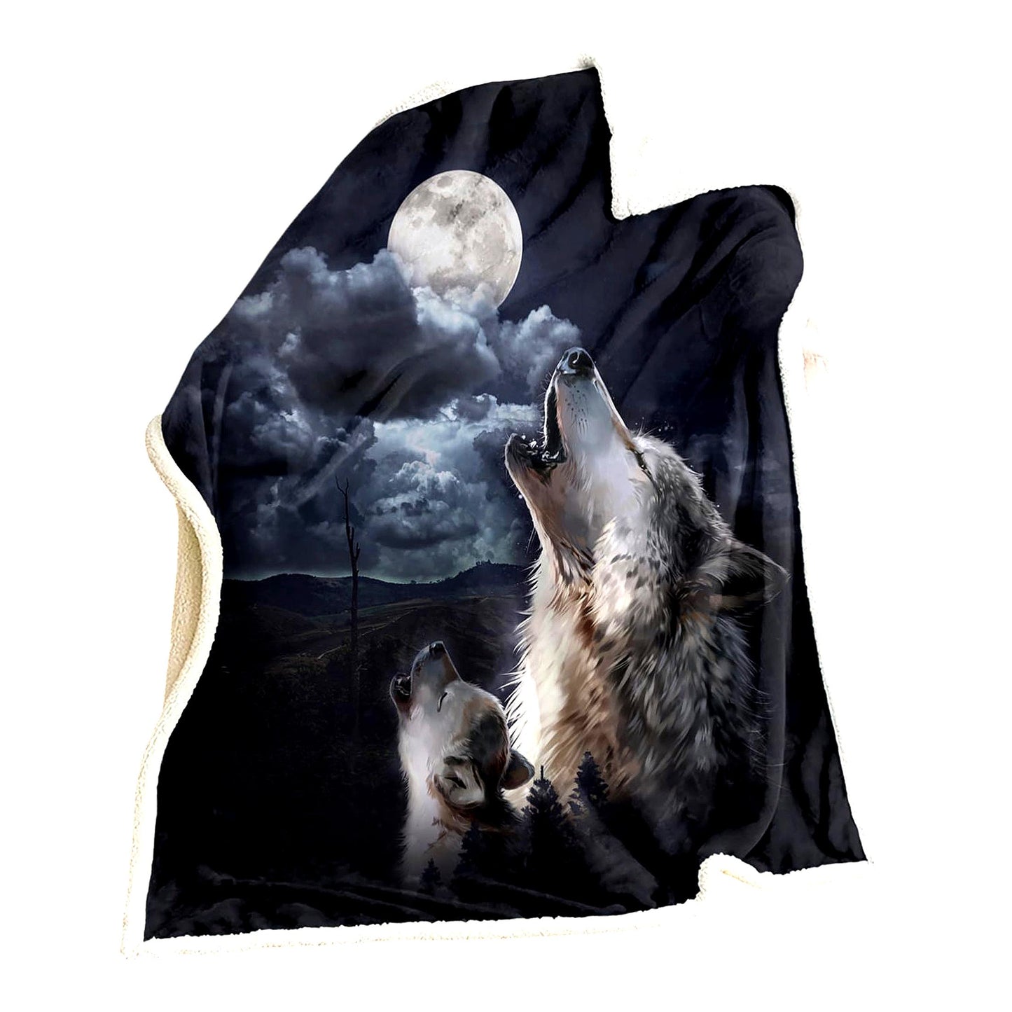 Moonlit Howl Sherpa Blanket - Cozy Soft Fleece for Boys & Adults, Wolf Father and Son Design, 59 x 47 Inches