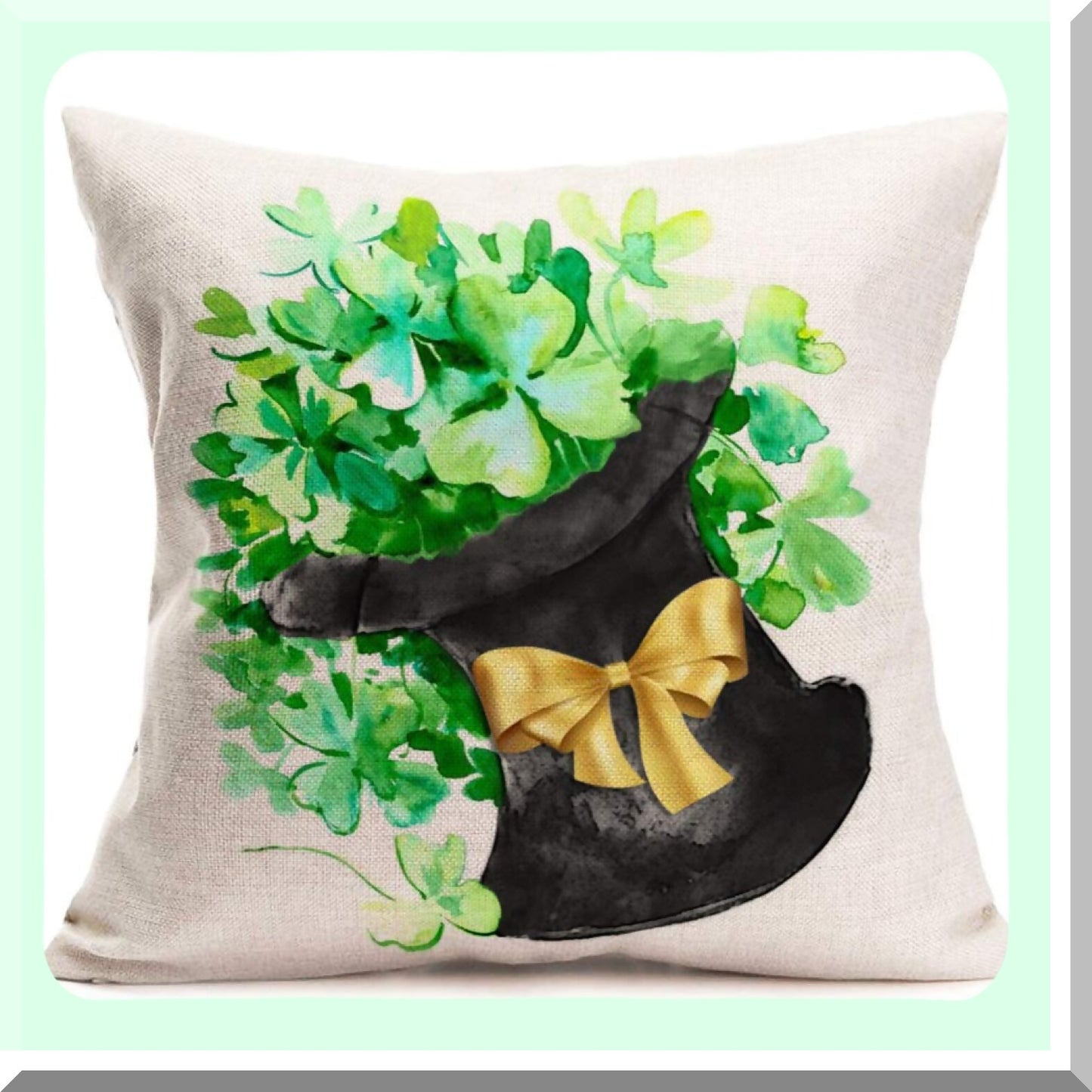 Lucky Shamrock Sister Pillowcase - Watercolor Clover Black Hat Cushion Cover - St Patricks Day Home Decor - Cotton Burlap Linen Throw Pillow - 18"X18" Square Case