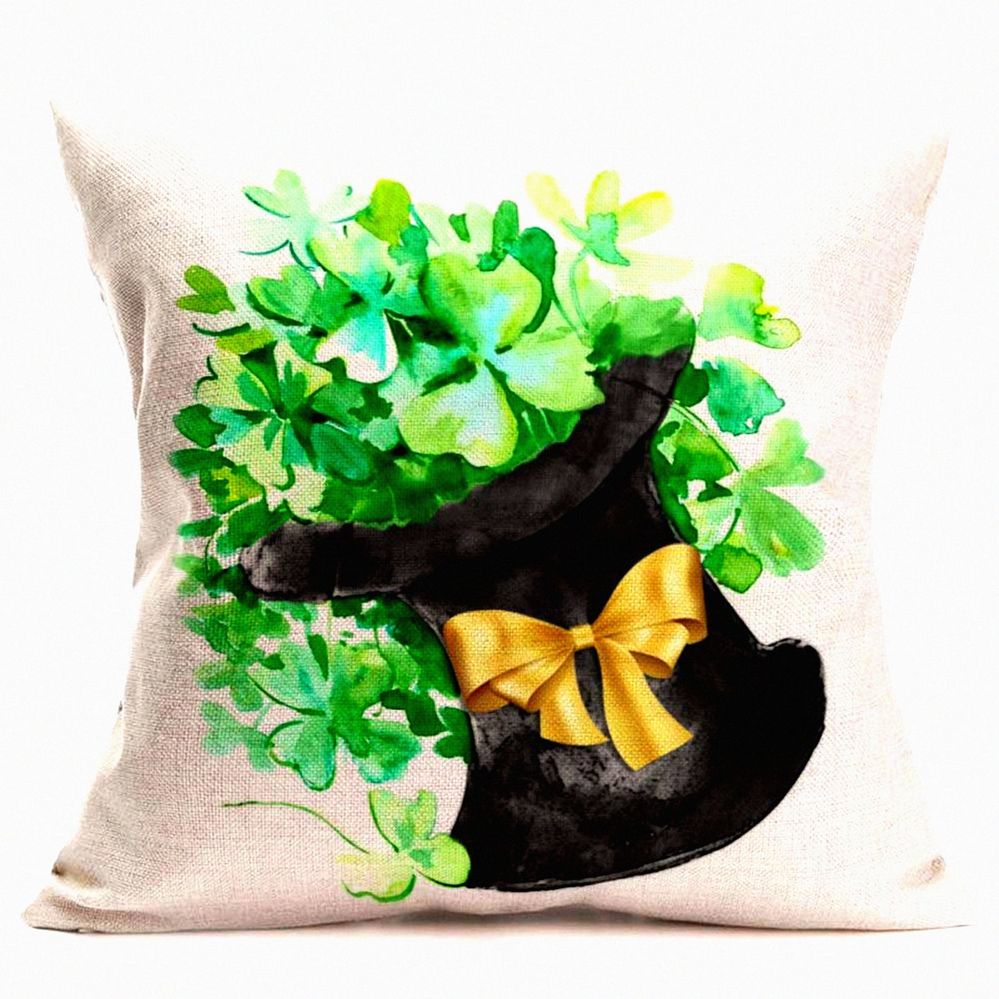 Lucky Shamrock Sister Pillowcase - Watercolor Clover Black Hat Cushion Cover - St Patricks Day Home Decor - Cotton Burlap Linen Throw Pillow - 18"X18" Square Case