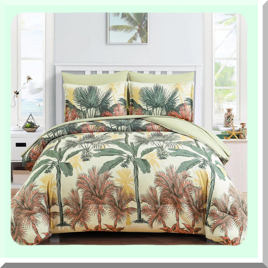 Tropical Oasis 7-Piece Botanical Bedding Set Compatible with Microfiber Sheets