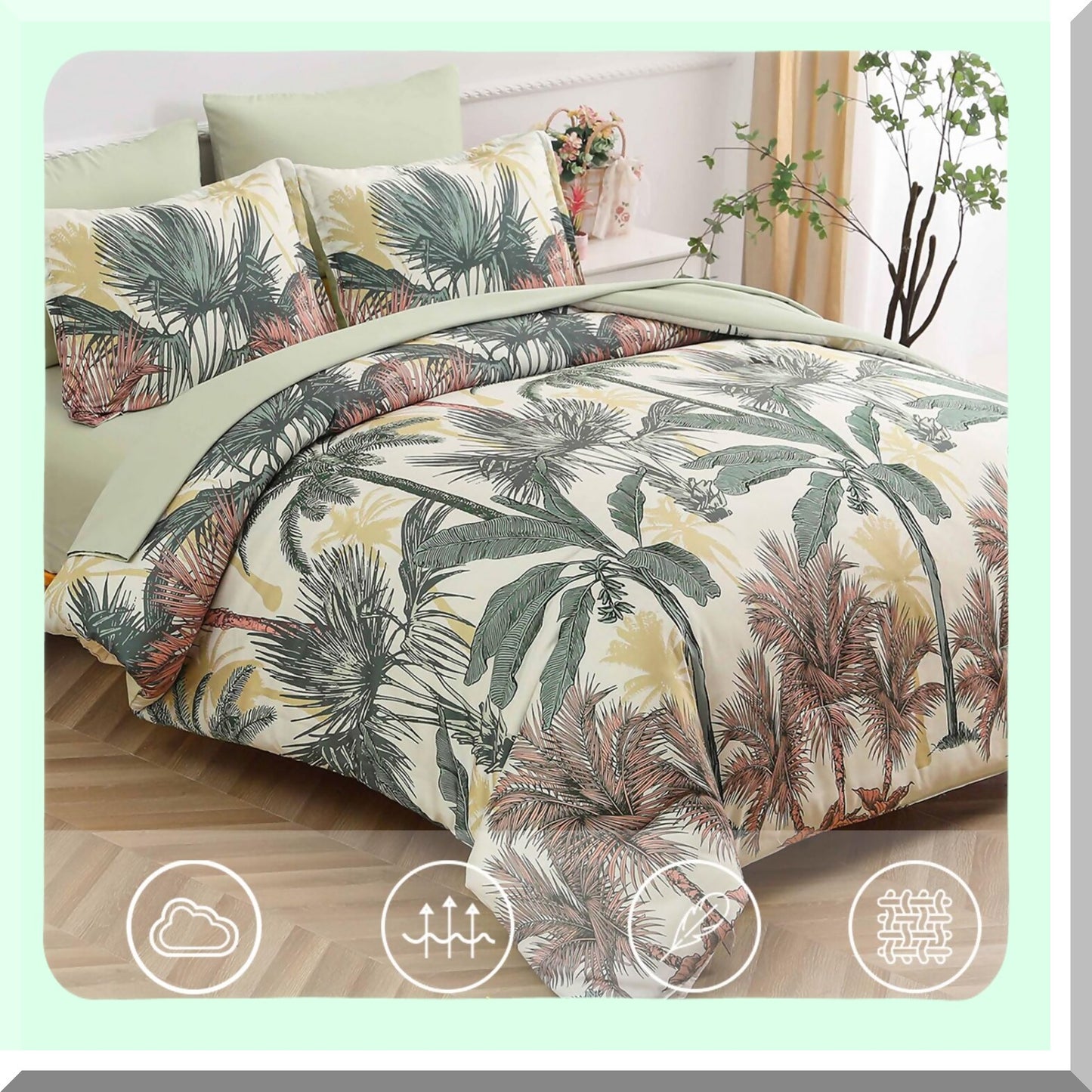 Tropical Oasis 7-Piece Botanical Bedding Set - Green Palm Tree Comforter, Soft Microfiber Sheets, Reversible Design, Pillow Shams & Cases - All-in-One Bed in a Bag