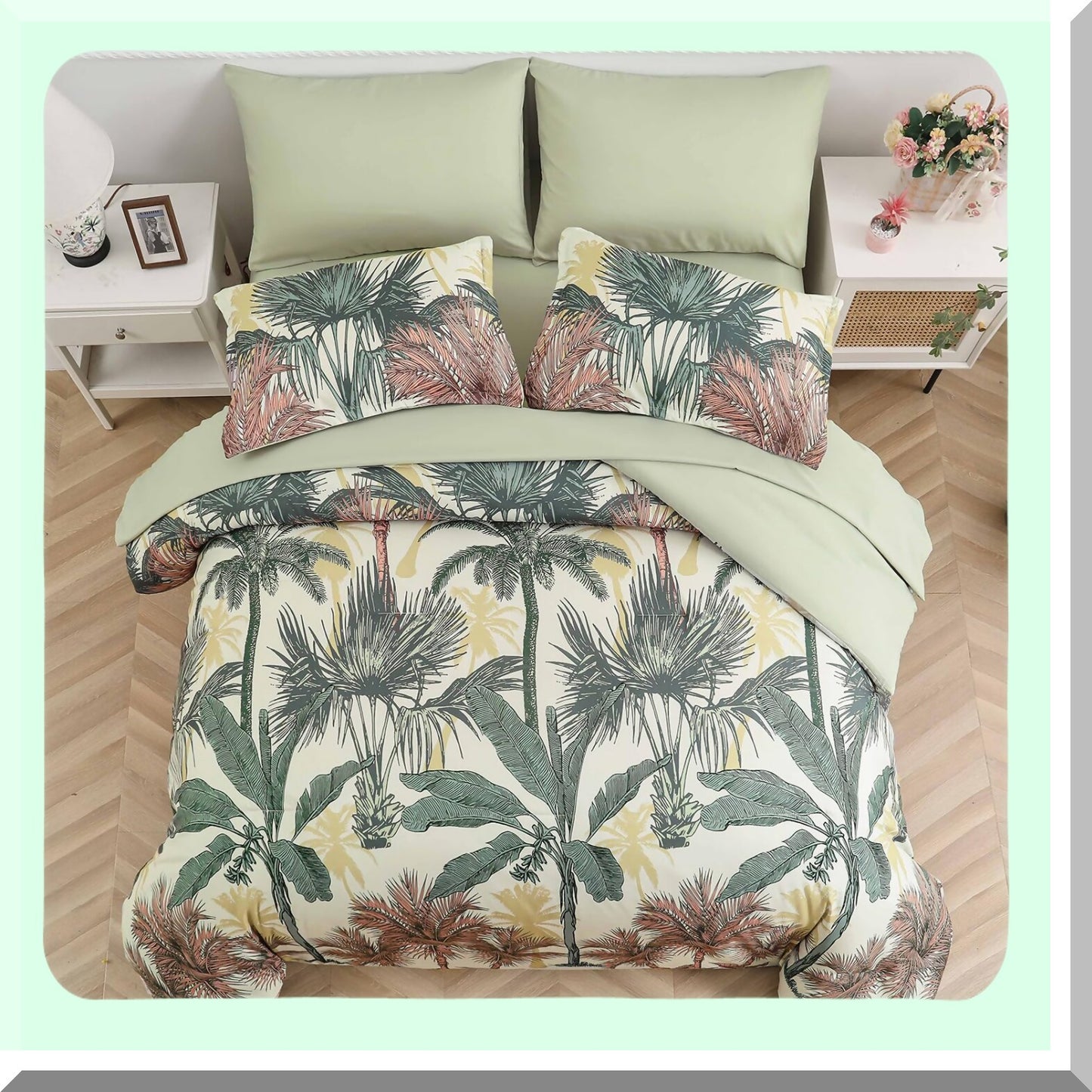 Tropical Oasis 7-Piece Botanical Bedding Set - Green Palm Tree Comforter, Soft Microfiber Sheets, Reversible Design, Pillow Shams & Cases - All-in-One Bed in a Bag