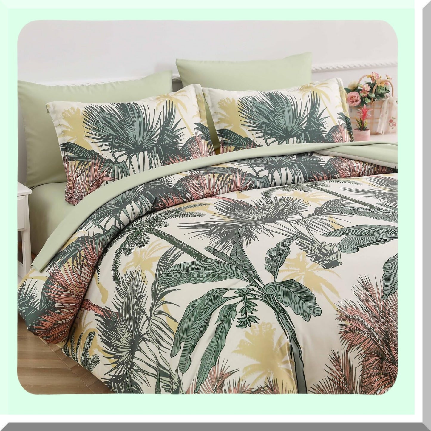 Tropical Oasis 7-Piece Botanical Bedding Set - Green Palm Tree Comforter, Soft Microfiber Sheets, Reversible Design, Pillow Shams & Cases - All-in-One Bed in a Bag