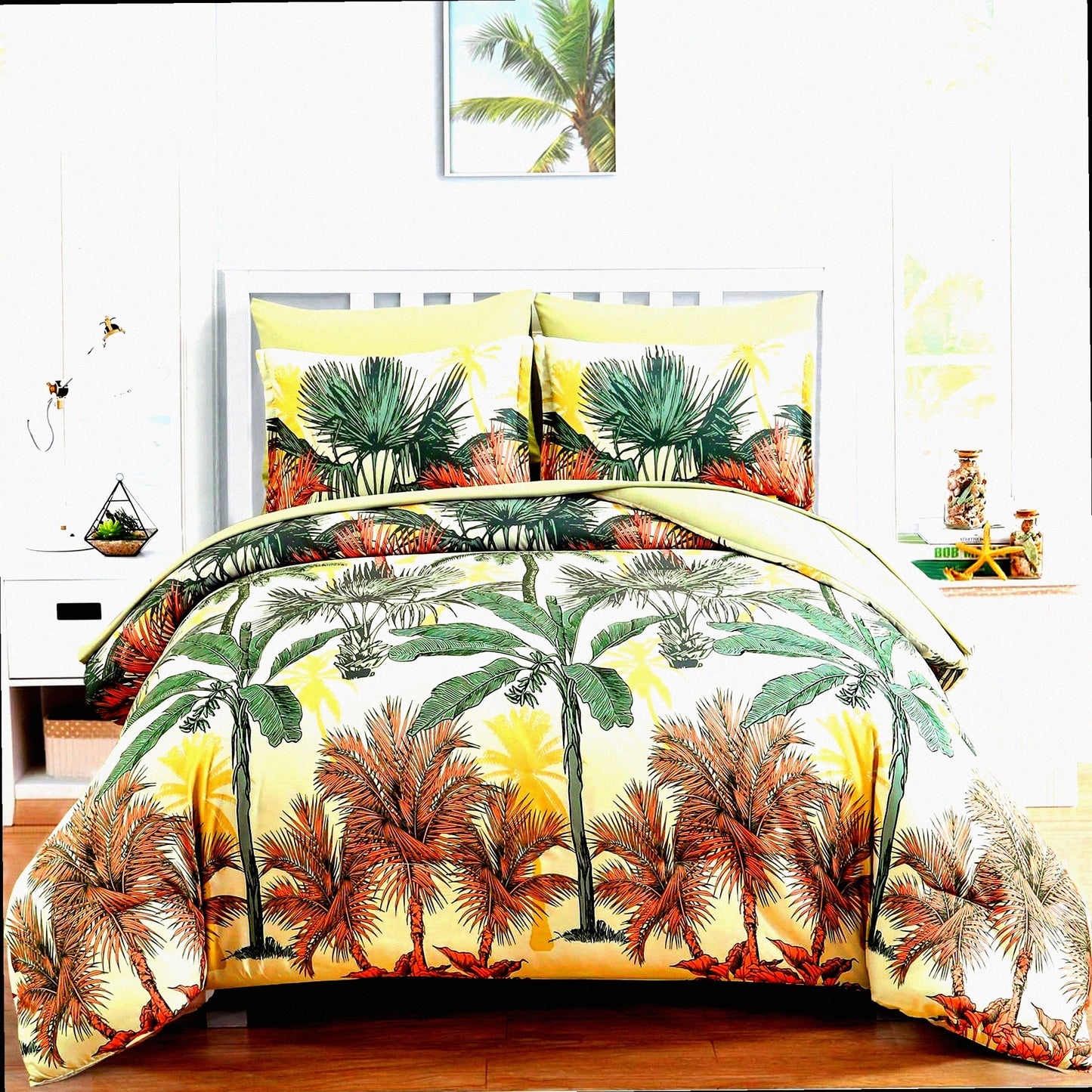 Tropical Oasis 7-Piece Botanical Bedding Set - Green Palm Tree Comforter, Soft Microfiber Sheets, Reversible Design, Pillow Shams & Cases - All-in-One Bed in a Bag