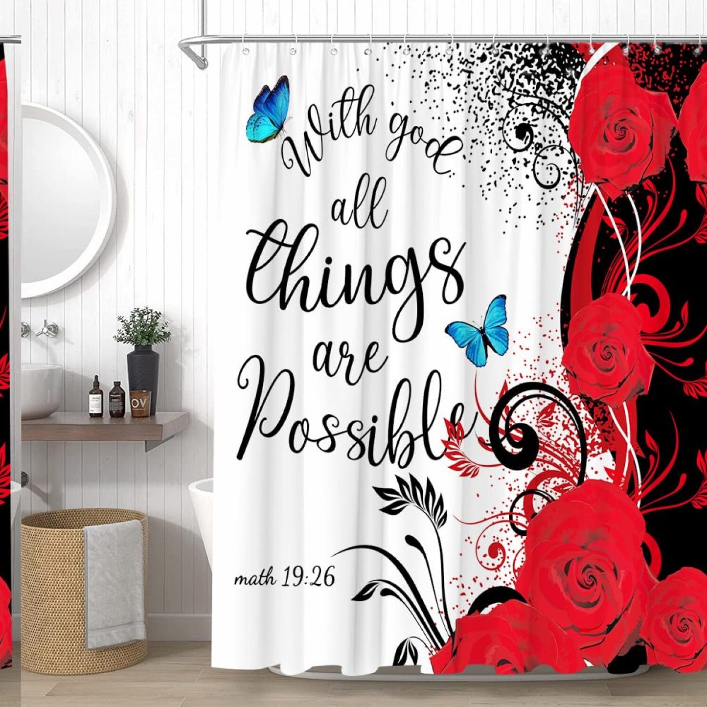 Red Rose Floral Shower Curtain with Hooks
