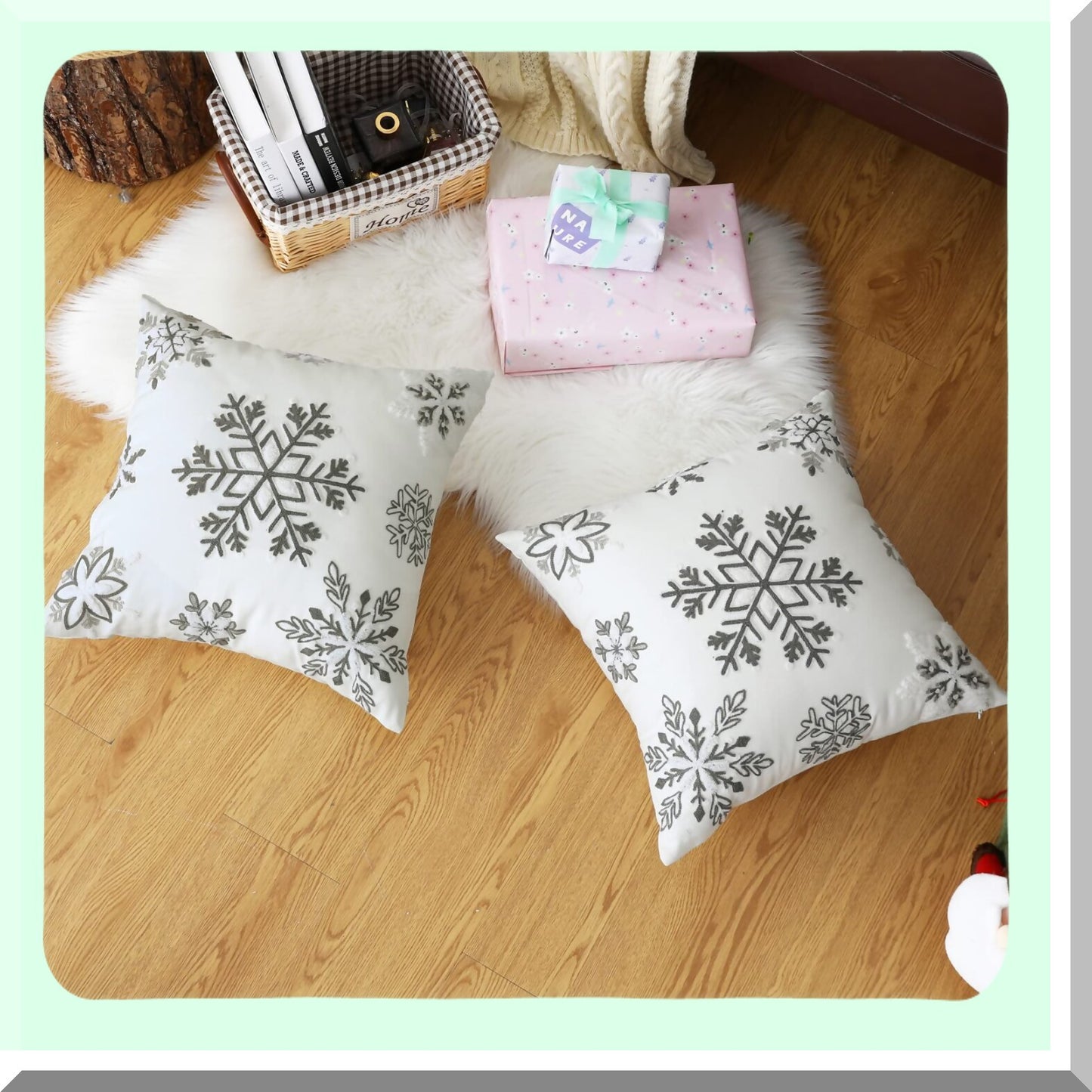 Snowflake Boho Winter Pillow Covers - Set of 2, 18x18 Inch Decorative Throw Pillow Covers with Raised Embroidery for Holiday Season in Neutral White