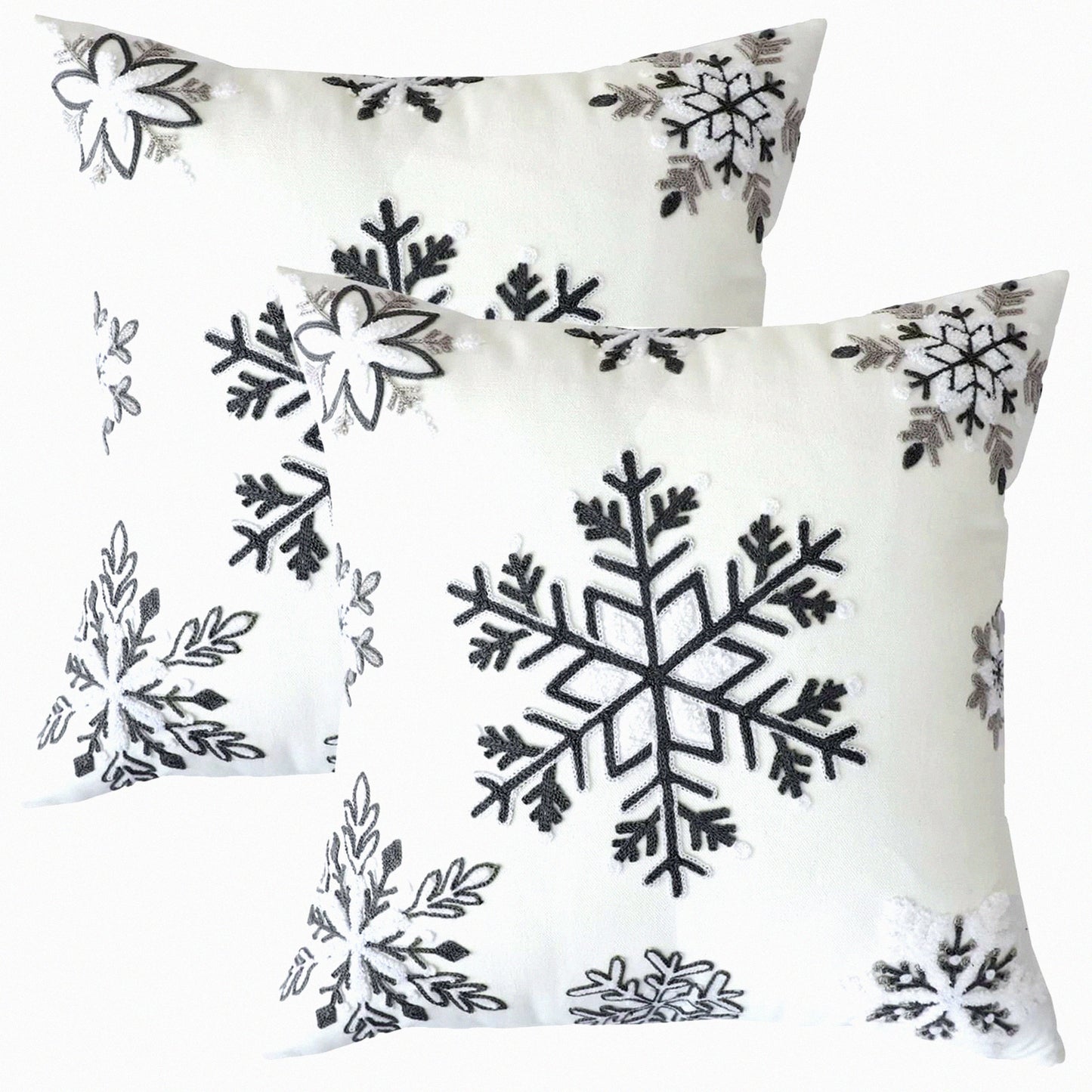 Snowflake Boho Winter Pillow Covers - Set of 2, 18x18 Inch Decorative Throw Pillow Covers with Raised Embroidery for Holiday Season in Neutral White