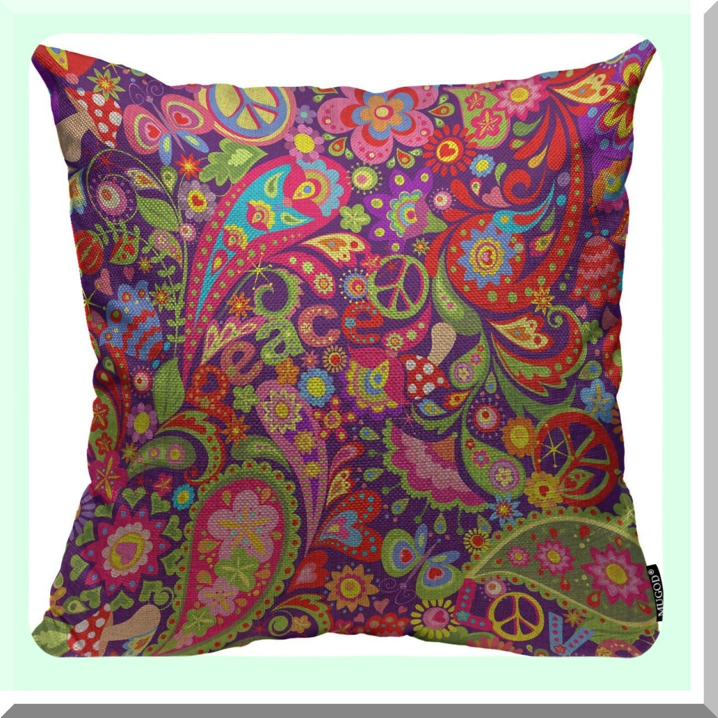 Vivid Hippie Flower Peace Pillow Cover - Abstract Colorful Mushrooms Paisley Decorative Square Case for Home Bedroom Living Room Cushion 18x18"