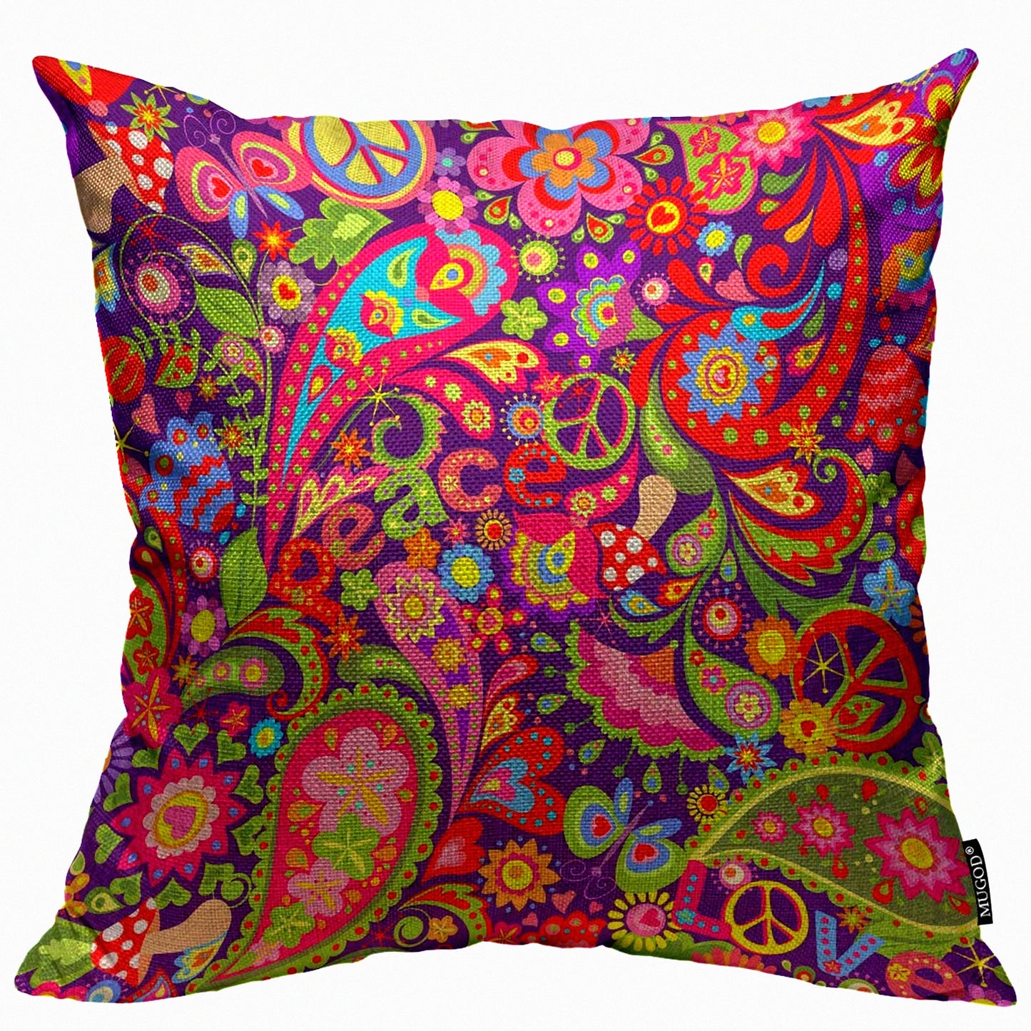 Vivid Hippie Flower Peace Pillow Cover - Abstract Colorful Mushrooms Paisley Decorative Square Case for Home Bedroom Living Room Cushion 18x18"