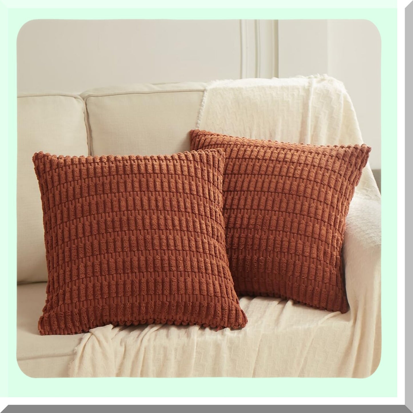 Rustic Stripe Corduroy Pillow Covers - Set of 2 | Terracotta Farmhouse Cushion Cases 18x18 Inch | Boho Decor for Living Room Sofa Bed