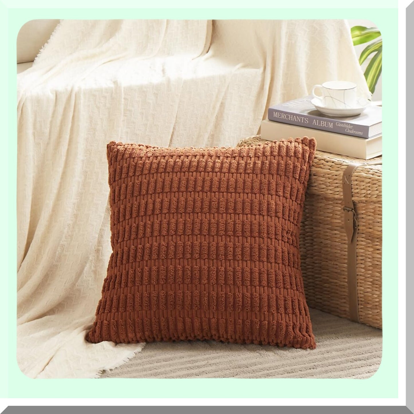Rustic Stripe Corduroy Pillow Covers - Set of 2 | Terracotta Farmhouse Cushion Cases 18x18 Inch | Boho Decor for Living Room Sofa Bed