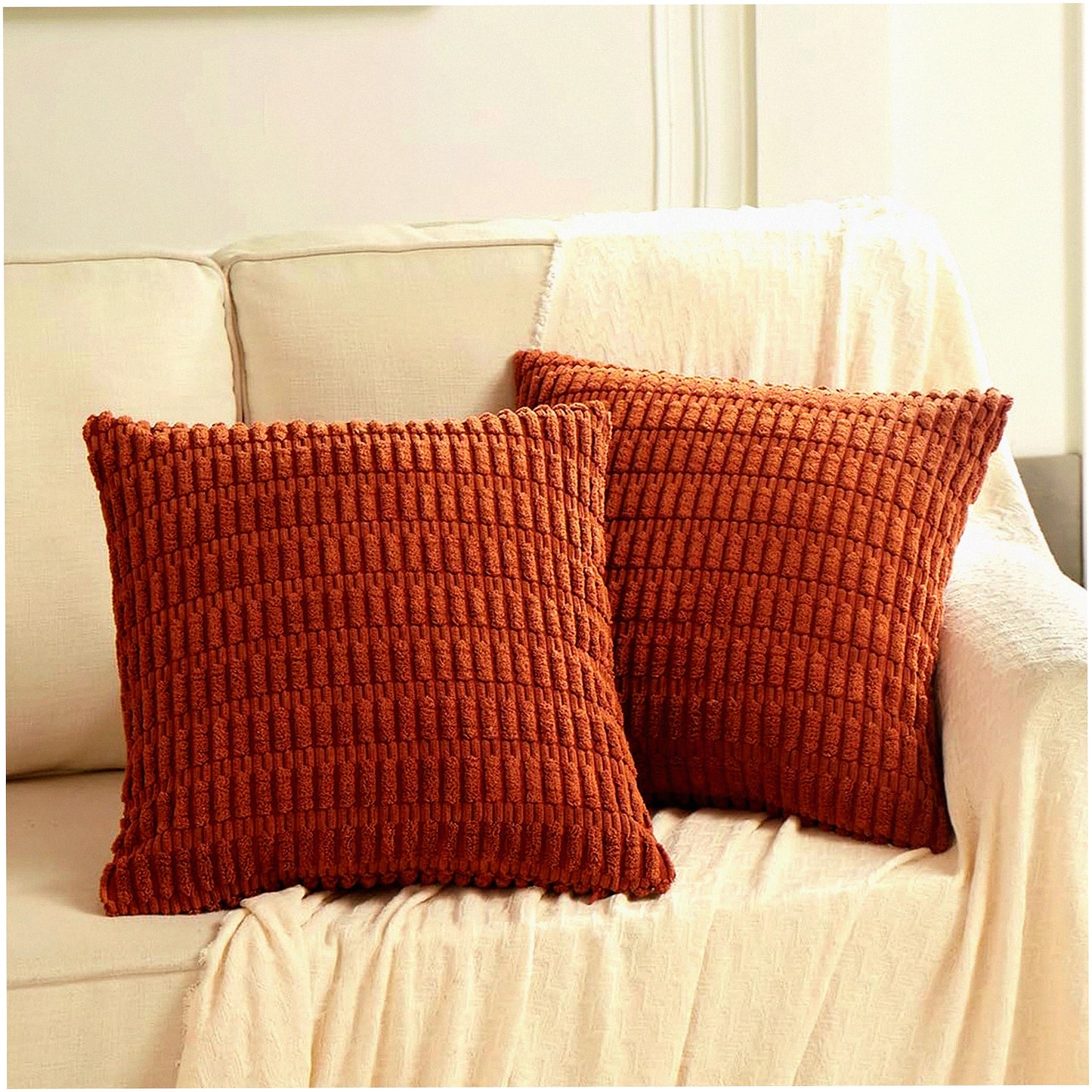 Rustic Stripe Corduroy Pillow Covers - Set of 2 | Terracotta Farmhouse Cushion Cases 18x18 Inch | Boho Decor for Living Room Sofa Bed