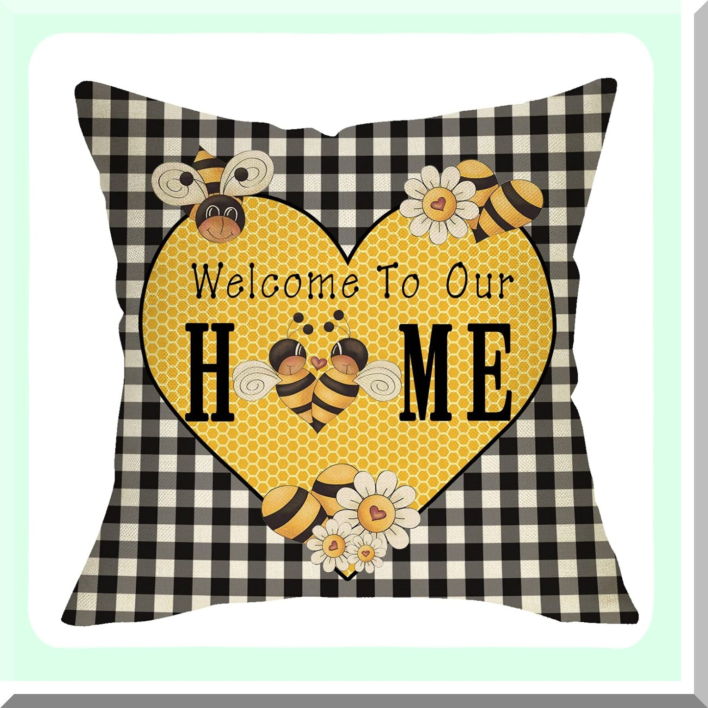 Buffalo Plaid Heart Farmhouse Pillowcase - Yellow Daisy Decor - Spring Summer Bee Home Cushion Cover - Black White Check Sofa Decor - 18x18 Square Case