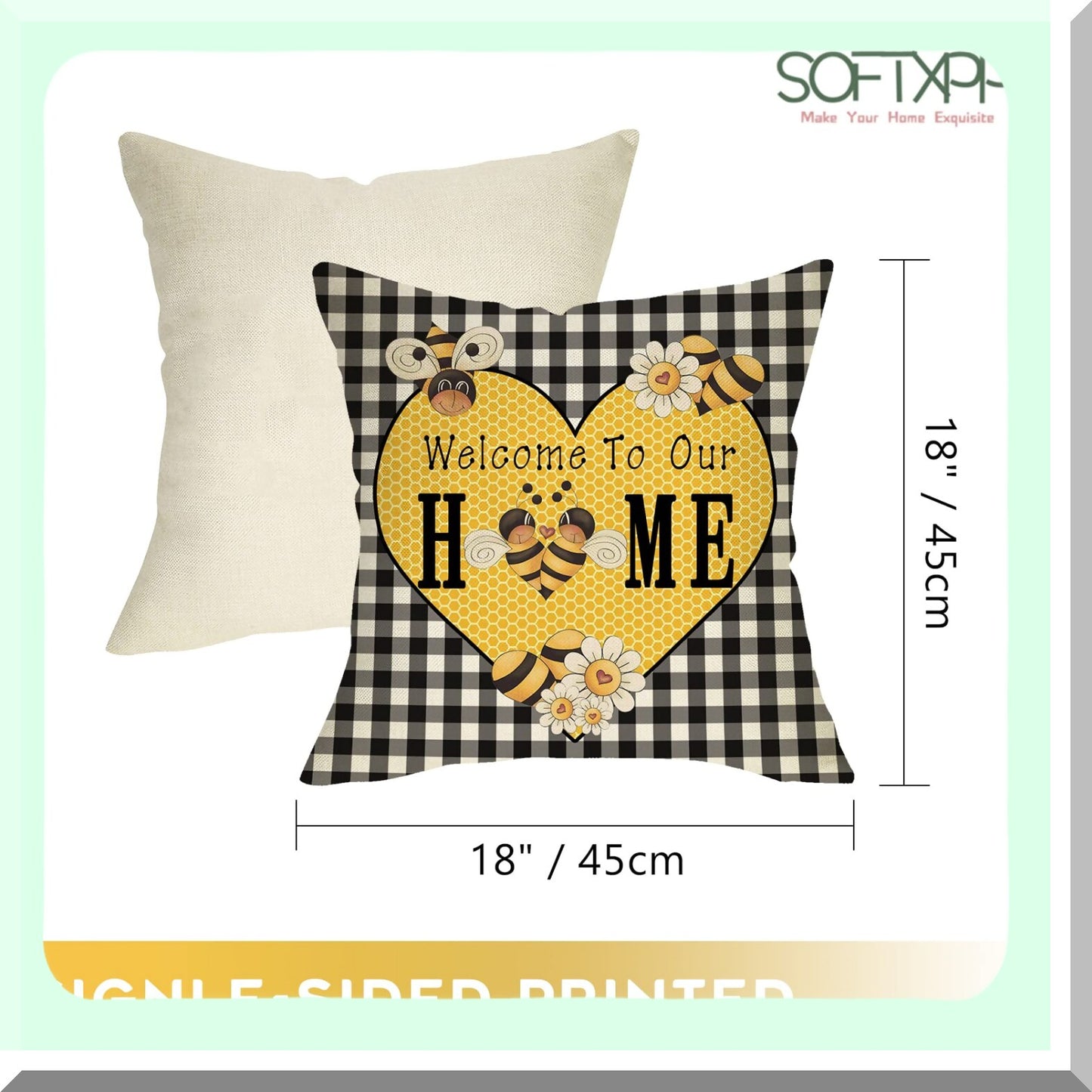 Buffalo Plaid Heart Farmhouse Pillowcase - Yellow Daisy Decor - Spring Summer Bee Home Cushion Cover - Black White Check Sofa Decor - 18x18 Square Case