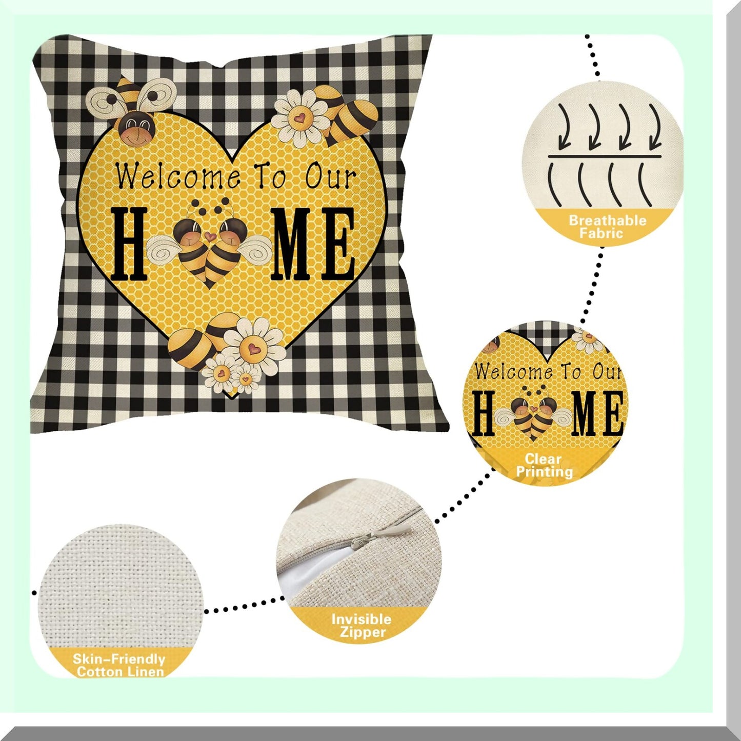 Buffalo Plaid Heart Farmhouse Pillowcase - Yellow Daisy Decor - Spring Summer Bee Home Cushion Cover - Black White Check Sofa Decor - 18x18 Square Case