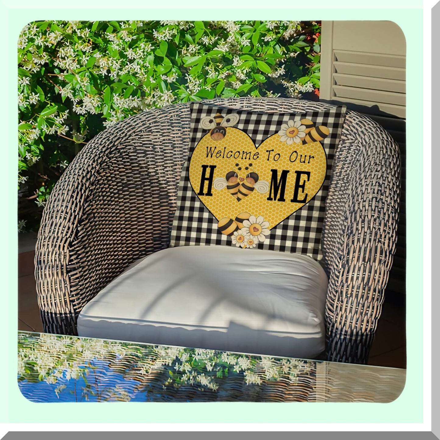 Buffalo Plaid Heart Farmhouse Pillowcase - Yellow Daisy Decor - Spring Summer Bee Home Cushion Cover - Black White Check Sofa Decor - 18x18 Square Case