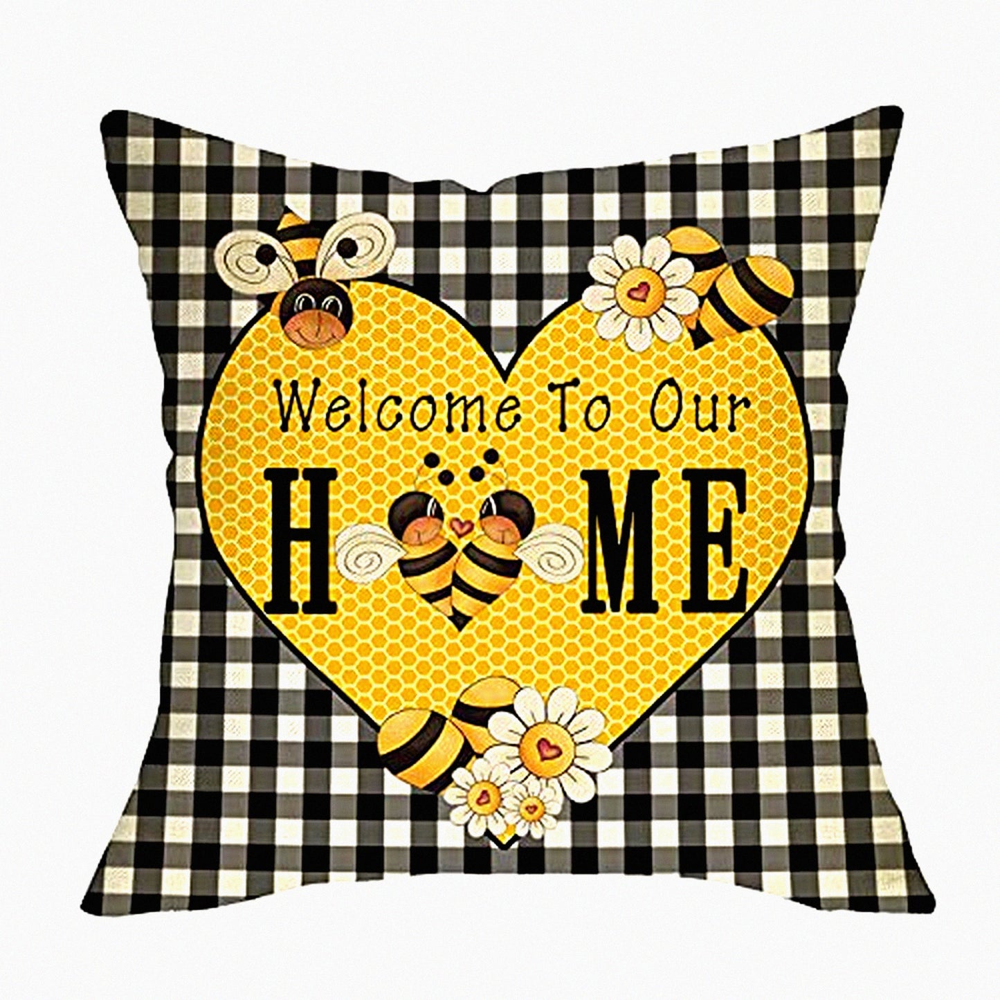 Buffalo Plaid Heart Farmhouse Pillowcase - Yellow Daisy Decor - Spring Summer Bee Home Cushion Cover - Black White Check Sofa Decor - 18x18 Square Case