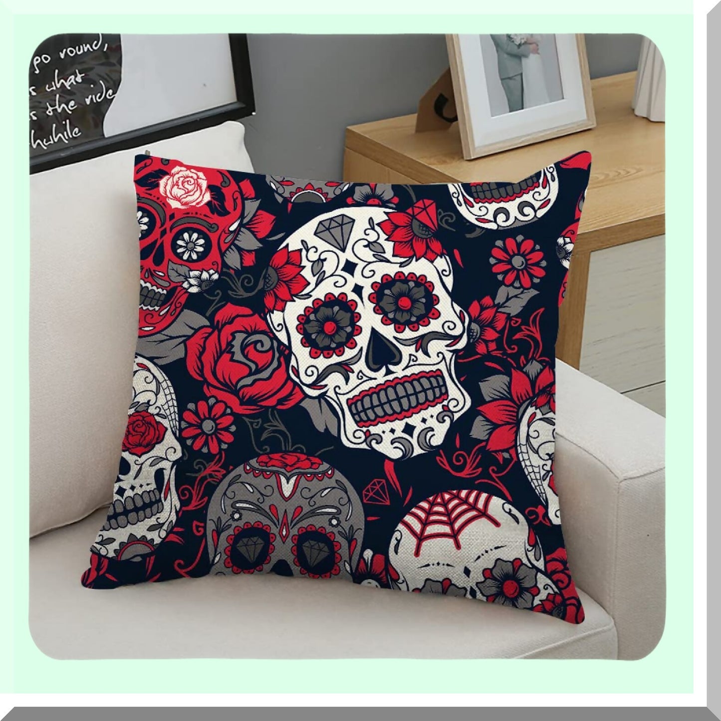 Graffiti Skull Flower Square Pillow Covers - Colorful Couch Sofa Bed Cushion Cases 18x18 inch - Decorative Black Throw Pillow Covers