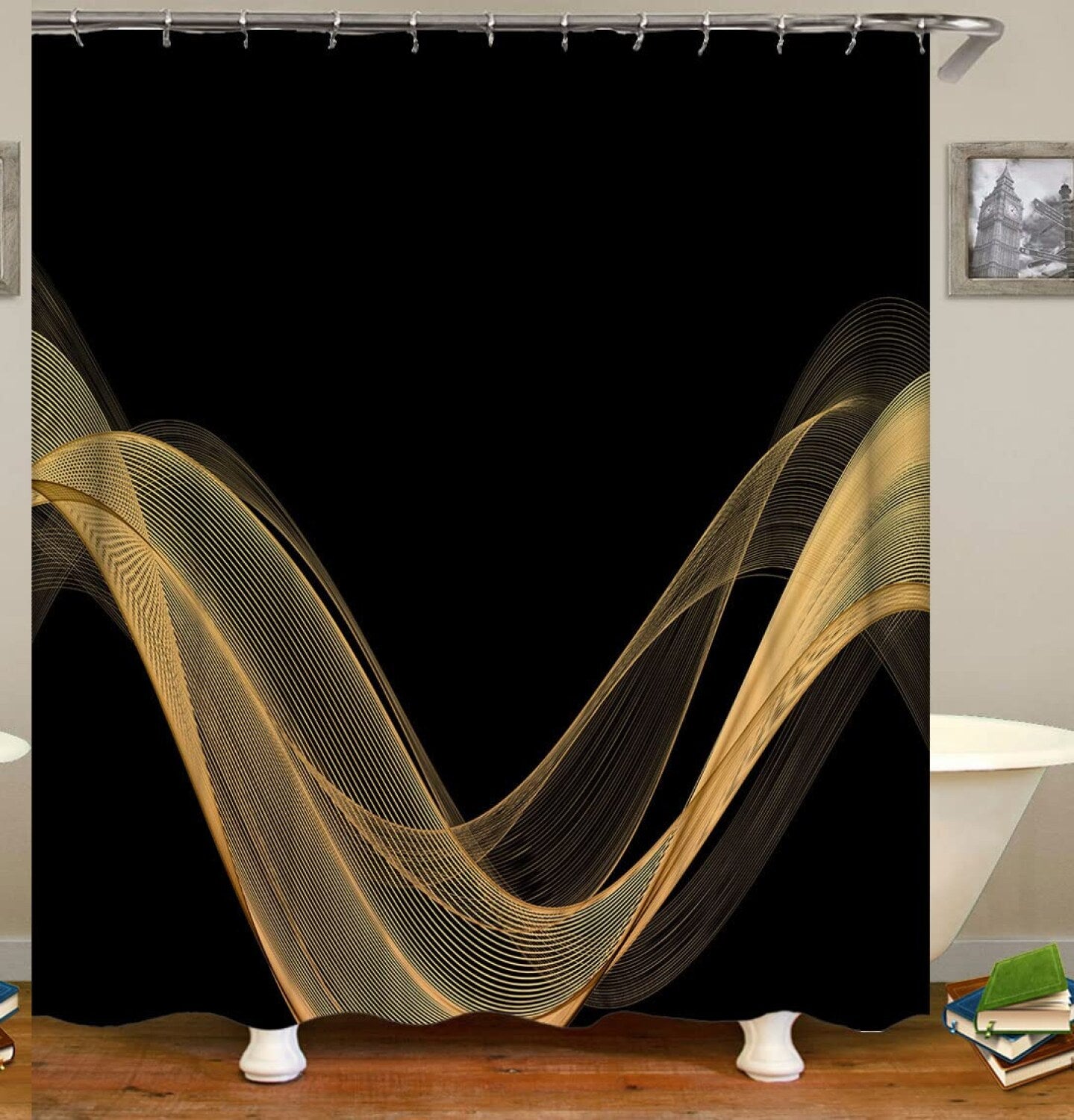 Black and Gold Bathroom Shower Curtain Set 72x72 Inches