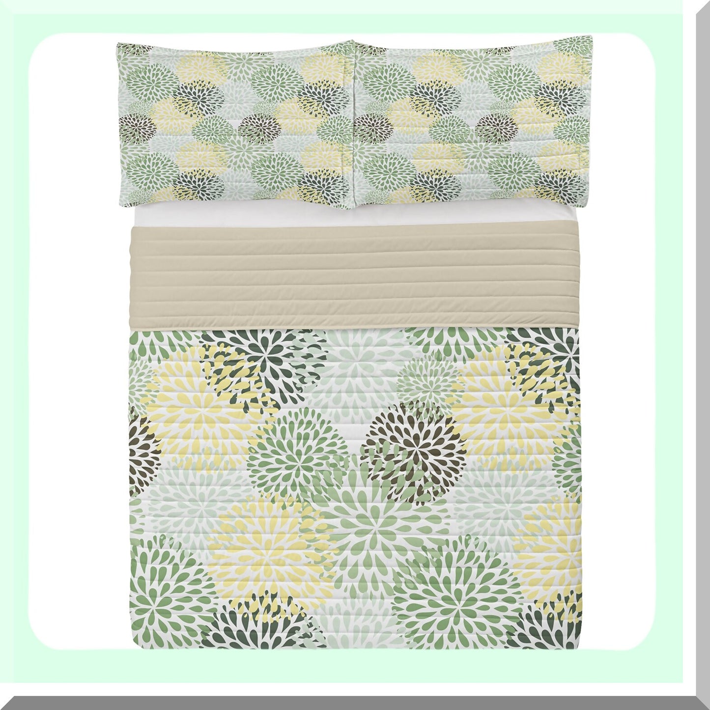 Springtime Garden Bliss Bedspread Set - Modern Floral Petals & Leaves Comforter with Pillow Shams - Soft Queen Size Bedding in Green, Yellow & Brown
