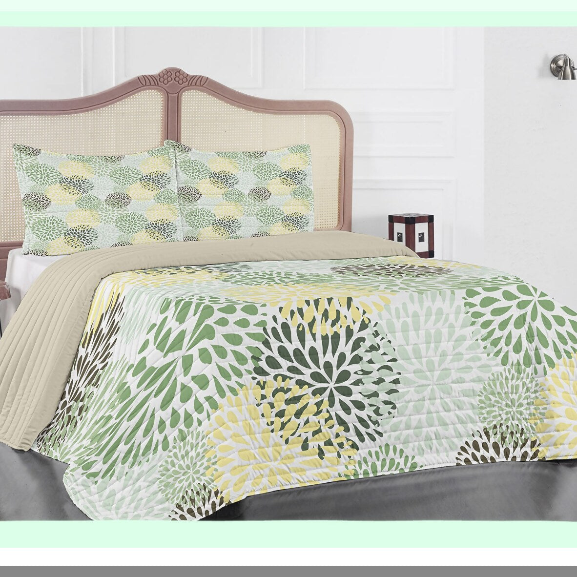 Springtime Garden Bliss Bedspread Set - Modern Floral Petals & Leaves Comforter with Pillow Shams - Soft Queen Size Bedding in Green, Yellow & Brown
