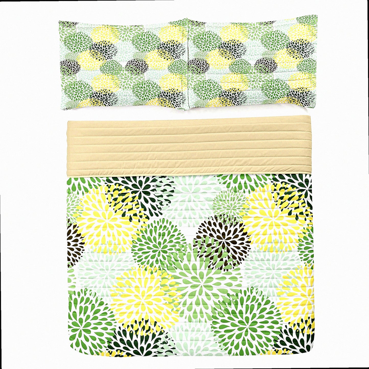 Springtime Garden Bliss Bedspread Set - Modern Floral Petals & Leaves Comforter with Pillow Shams - Soft Queen Size Bedding in Green, Yellow & Brown