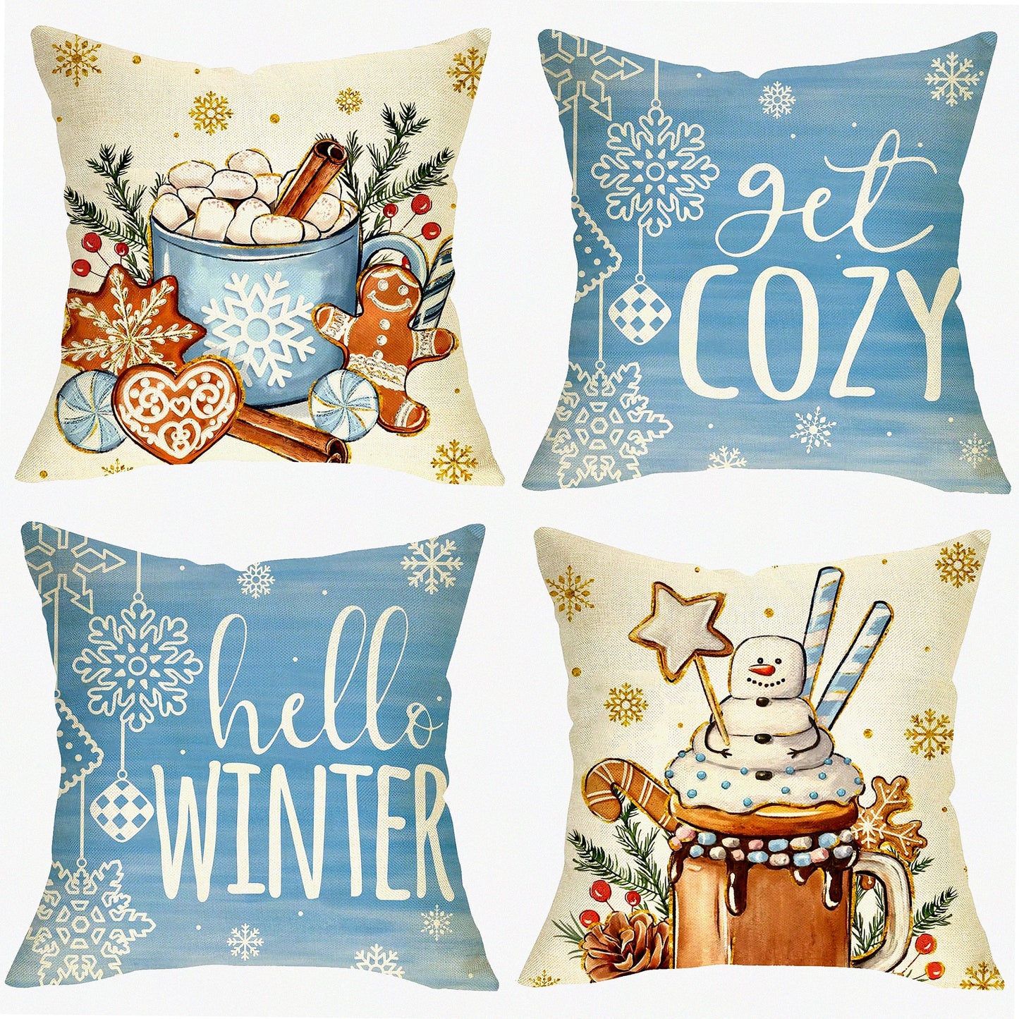 Winter Wonderland Cozy Throw Pillow Set - Blue Snowflake Decor - 16x16 Cushion Covers - Gingerbread Cookie & Hot Cocoa Design - Seasonal Home Decor - Holly Berry Pine Cone Accent Pillows