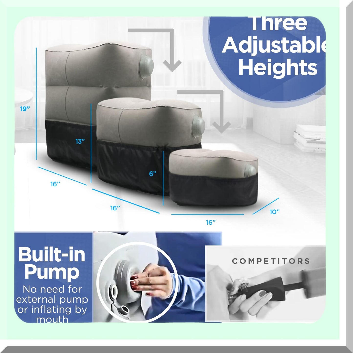 AirPuff Comfort Cloud - Inflatable Travel Footrest with Easy Inflate Buttons for Airplane, Leg Rest Pillow for Long Flights, Portable Foot Hammock