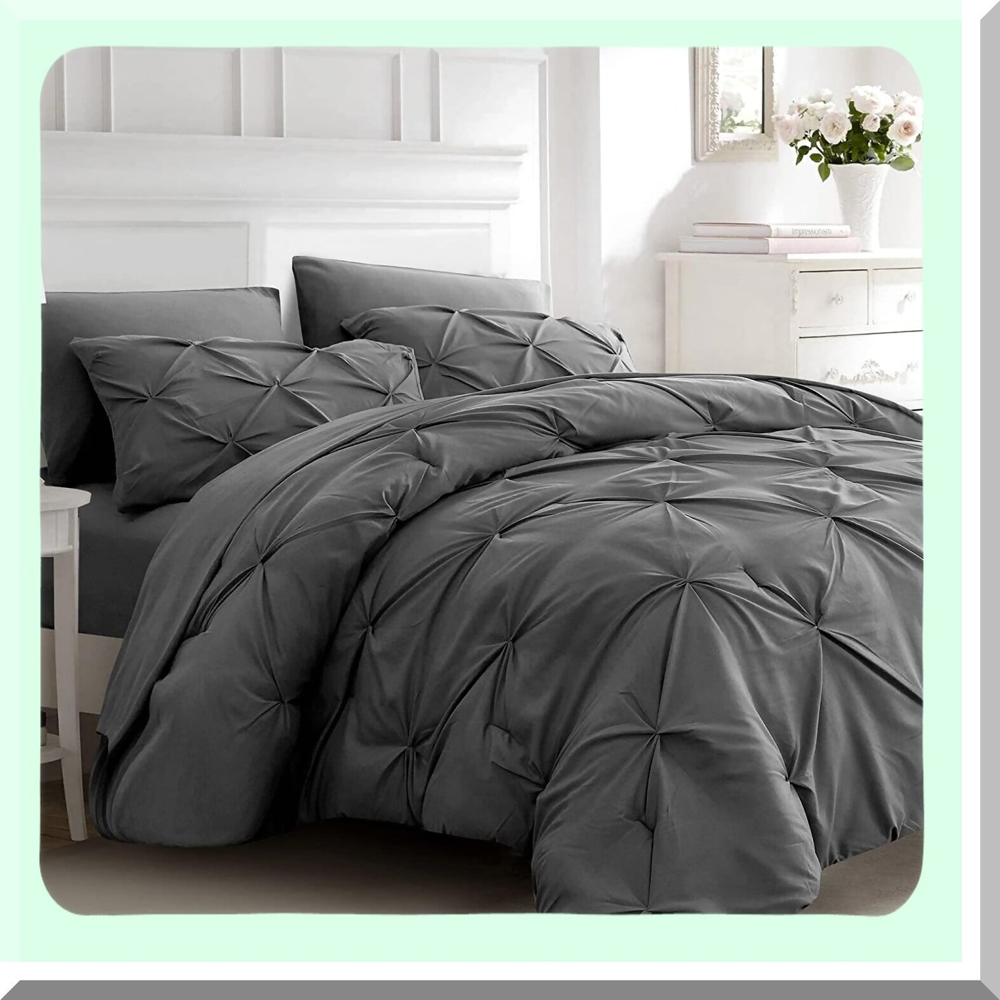 Luxury Pintuck Pleat Comforter Set - 7 Piece Bedding Bundle with Sheets - All Season Gray Bed in a Bag - Pinched Pleat Comforters - Queen Size