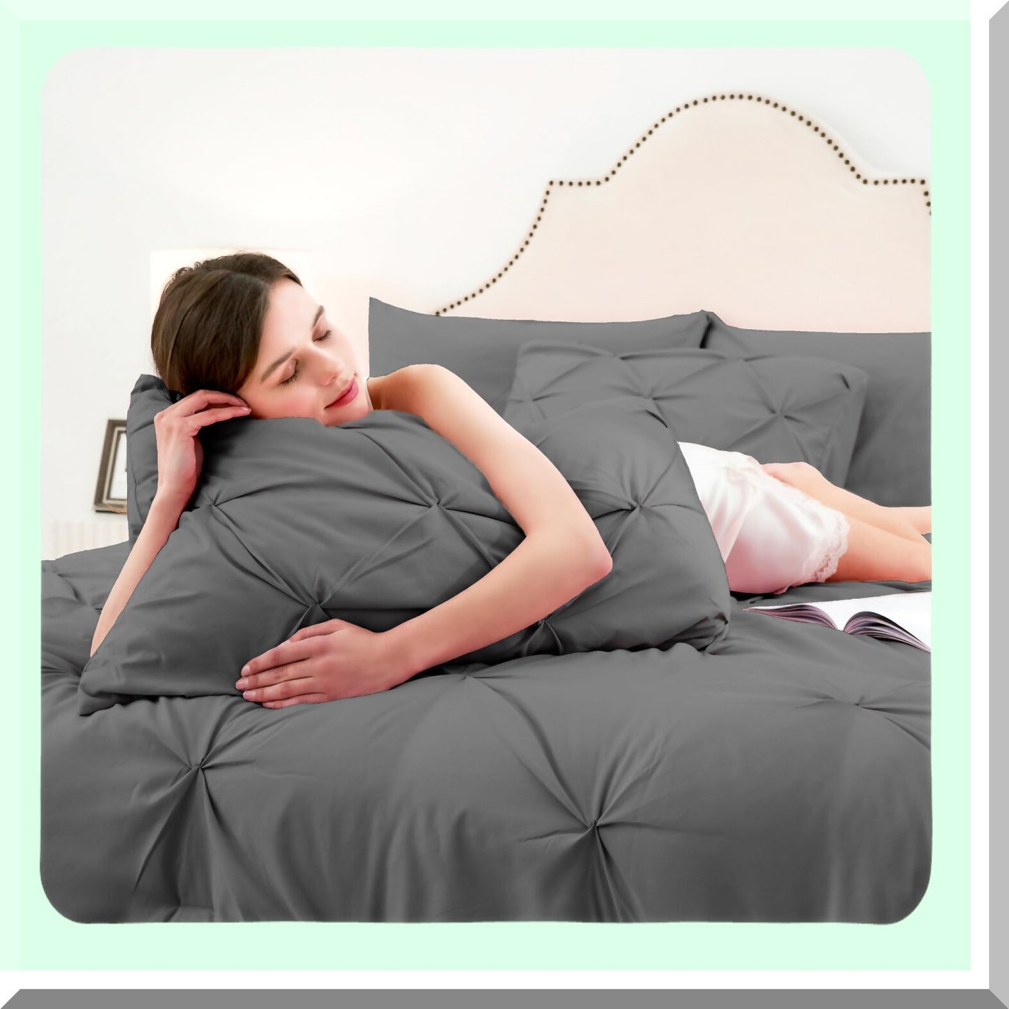 Luxury Pintuck Pleat Comforter Set - 7 Piece Bedding Bundle with Sheets - All Season Gray Bed in a Bag - Pinched Pleat Comforters - Queen Size