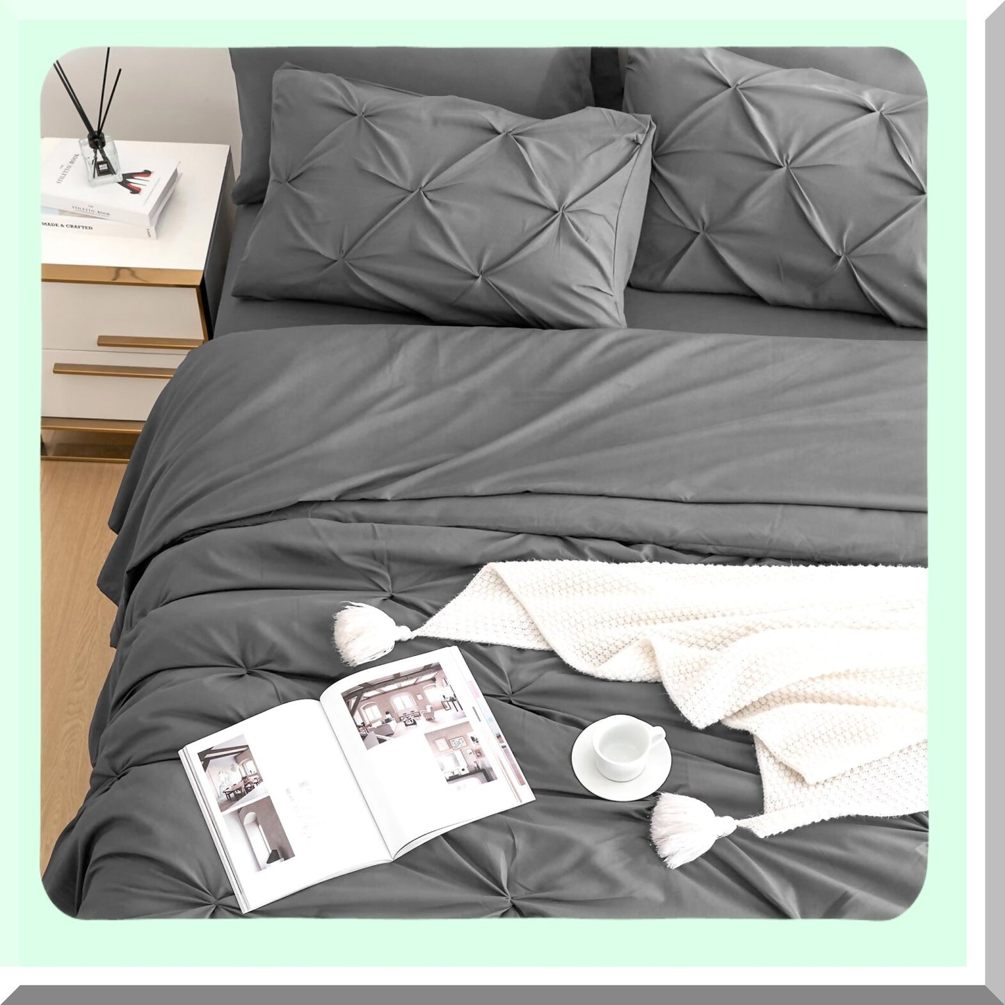 Luxury Pintuck Pleat Comforter Set - 7 Piece Bedding Bundle with Sheets - All Season Gray Bed in a Bag - Pinched Pleat Comforters - Queen Size