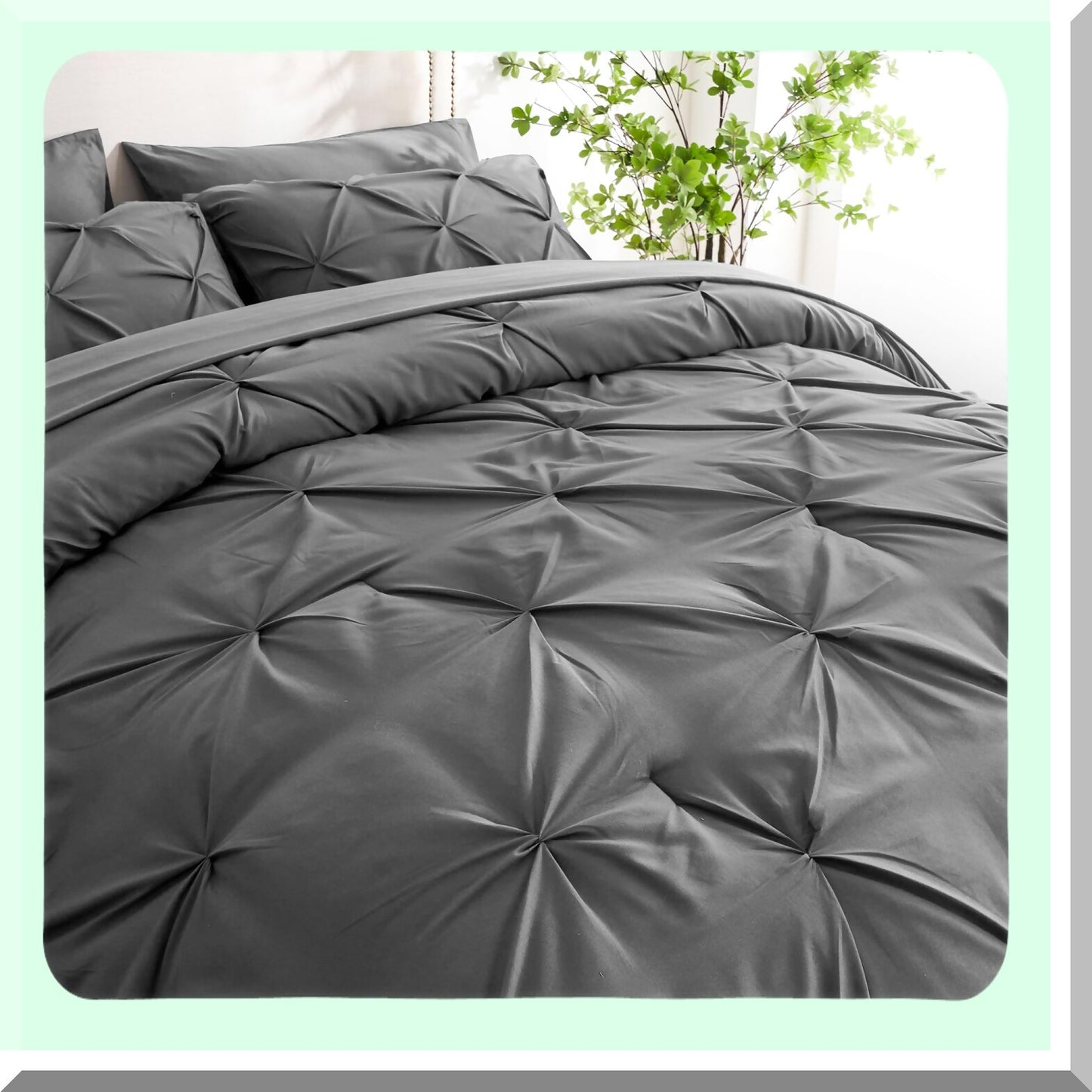 Luxury Pintuck Pleat Comforter Set - 7 Piece Bedding Bundle with Sheets - All Season Gray Bed in a Bag - Pinched Pleat Comforters - Queen Size