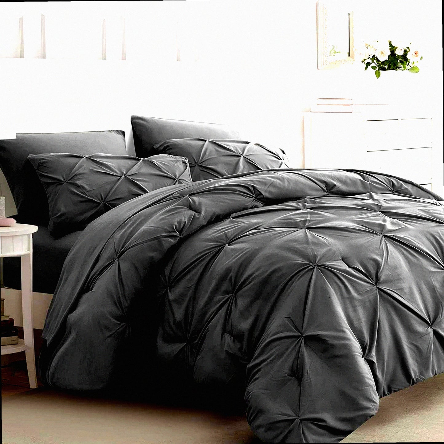 Luxury Pintuck Pleat Comforter Set - 7 Piece Bedding Bundle with Sheets - All Season Gray Bed in a Bag - Pinched Pleat Comforters - Queen Size