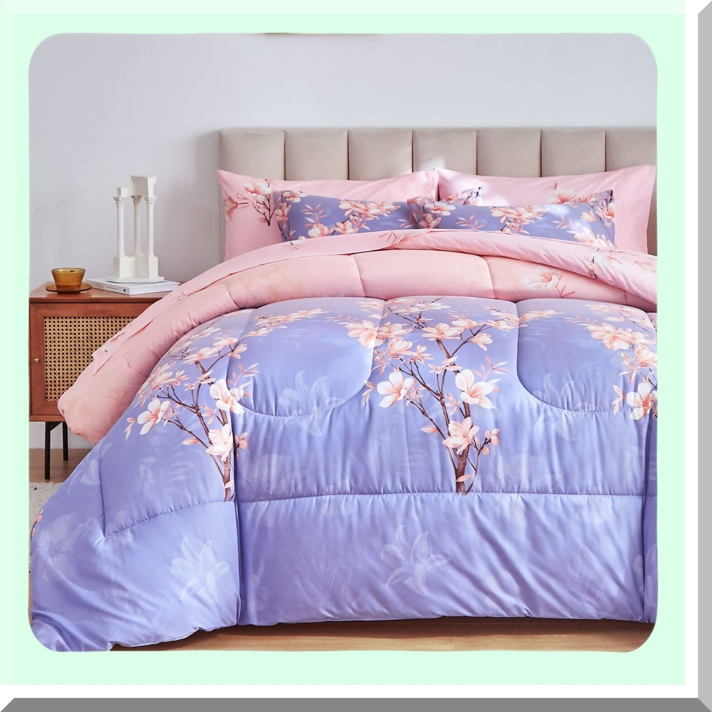 Blossom Branches Comforter Set - Twin Size 6-Piece Bed in a Bag with Sheets. Ultra Soft Down Alternative All Season Bedding with Flowers Printing Design.