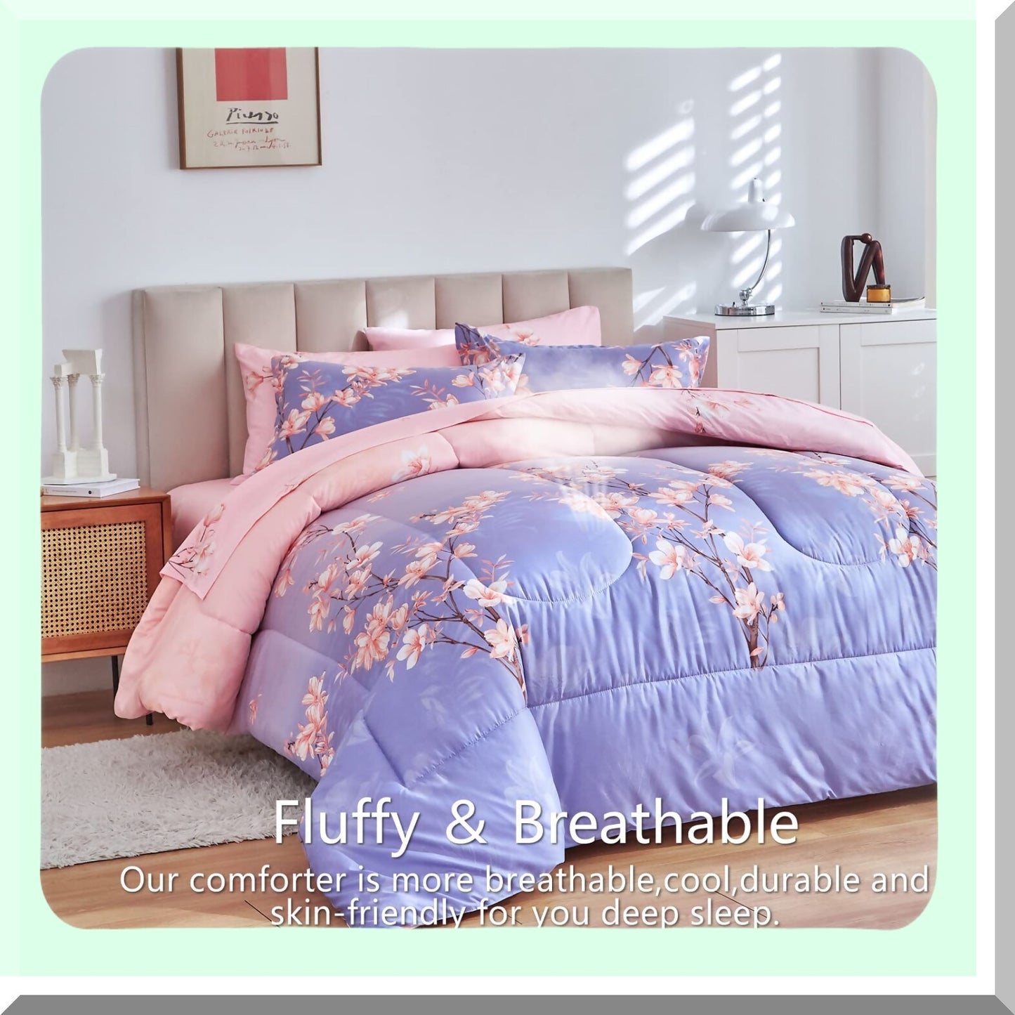Blossom Branches Comforter Set - Twin Size 6-Piece Bed in a Bag with Sheets. Ultra Soft Down Alternative All Season Bedding with Flowers Printing Design.