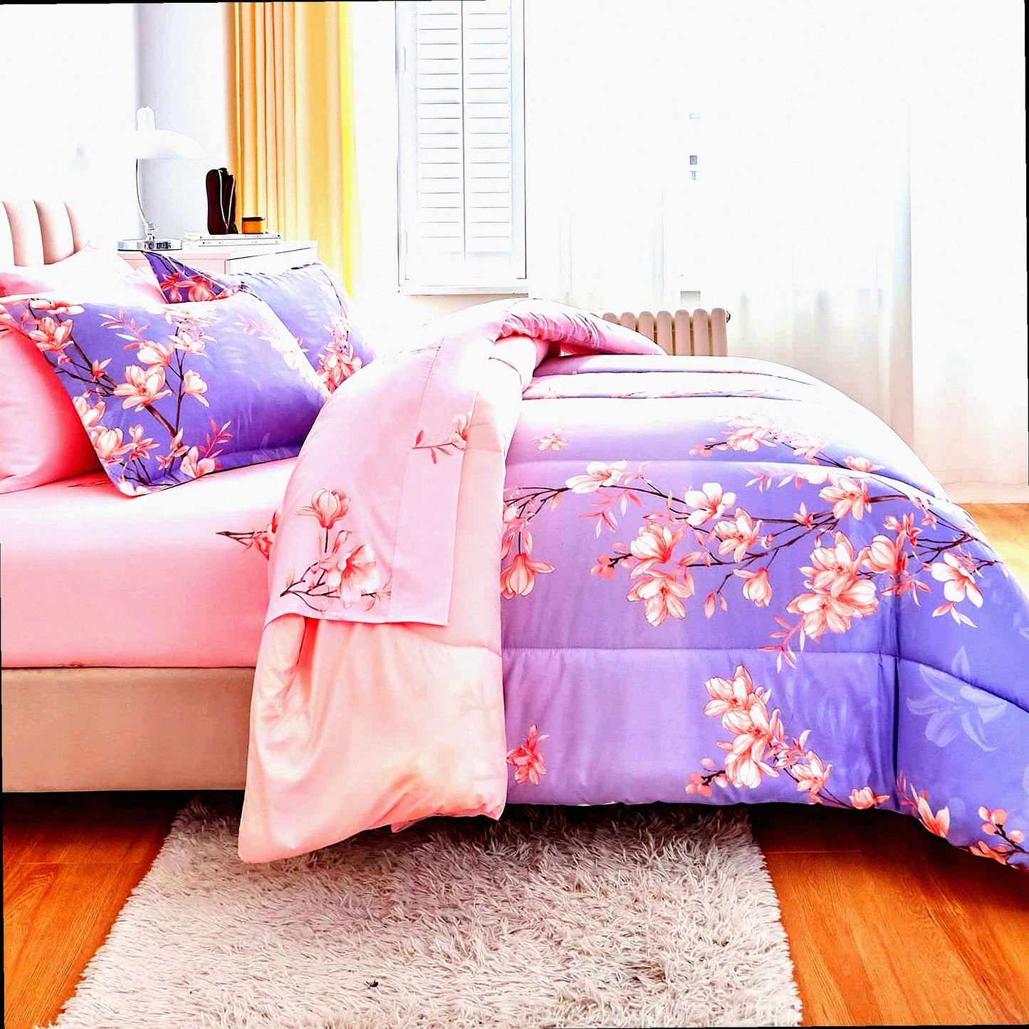 Blossom Branches Comforter Set - Twin Size 6-Piece Bed in a Bag with Sheets. Ultra Soft Down Alternative All Season Bedding with Flowers Printing Design.