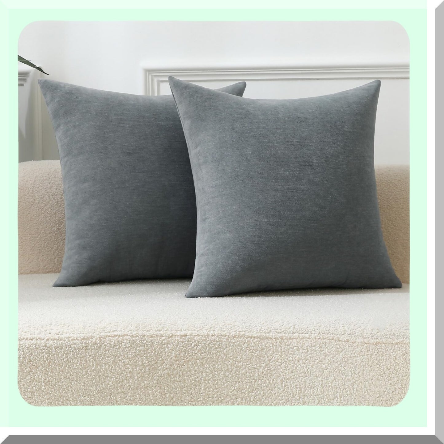 Chenille Blue Cozy Throw Pillow Covers - Set of 2 Decorative Square Cushion Cases for Sofa Decor - Soft & Dusty - 18 x 18 Inches
