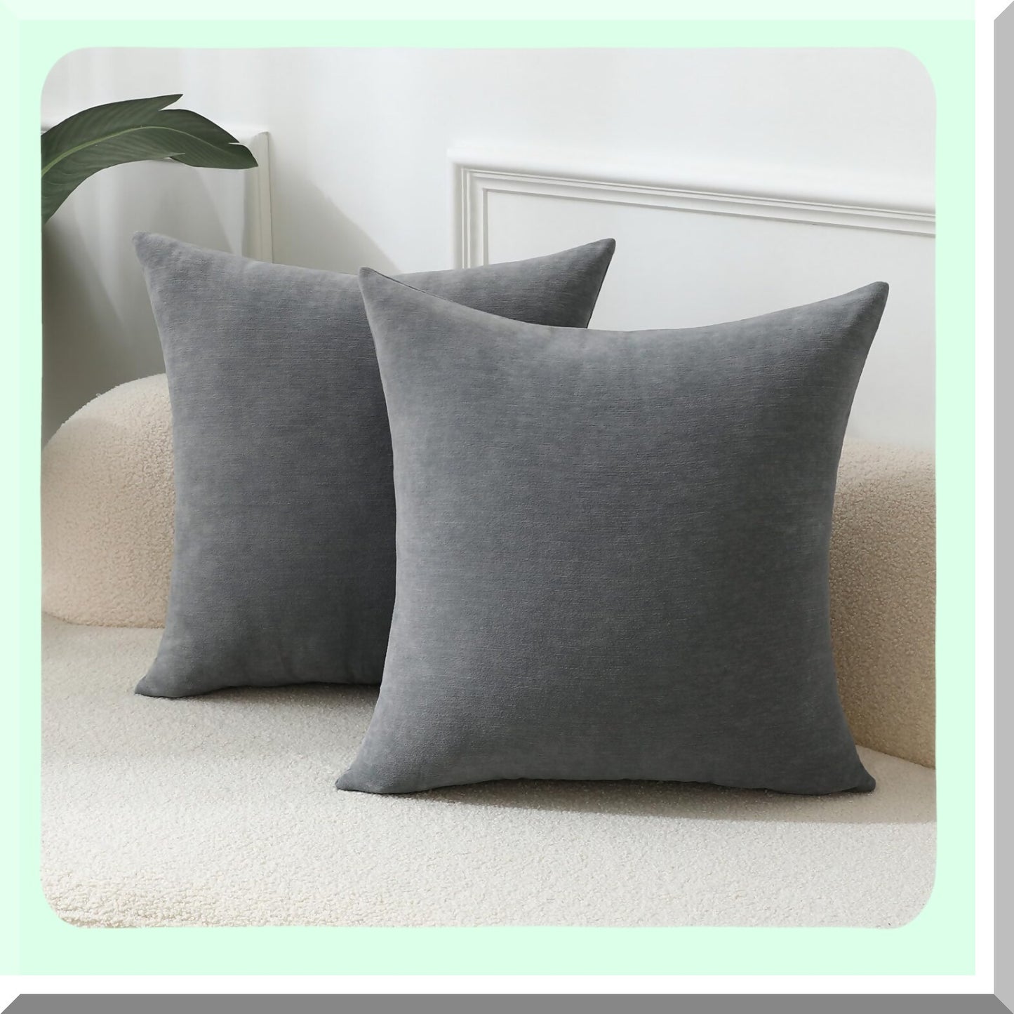 Chenille Blue Cozy Throw Pillow Covers - Set of 2 Decorative Square Cushion Cases for Sofa Decor - Soft & Dusty - 18 x 18 Inches