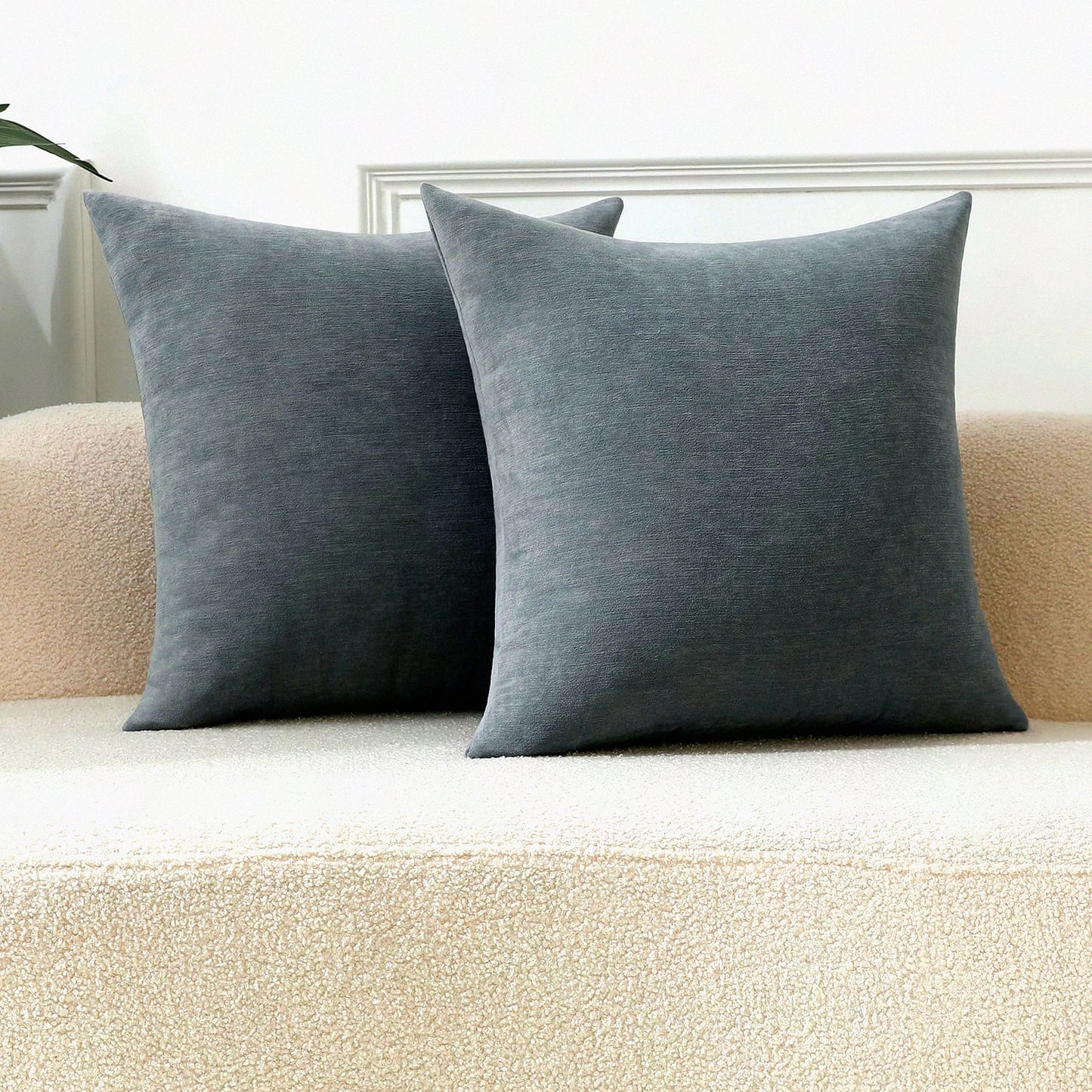 Chenille Blue Cozy Throw Pillow Covers - Set of 2 Decorative Square Cushion Cases for Sofa Decor - Soft & Dusty - 18 x 18 Inches