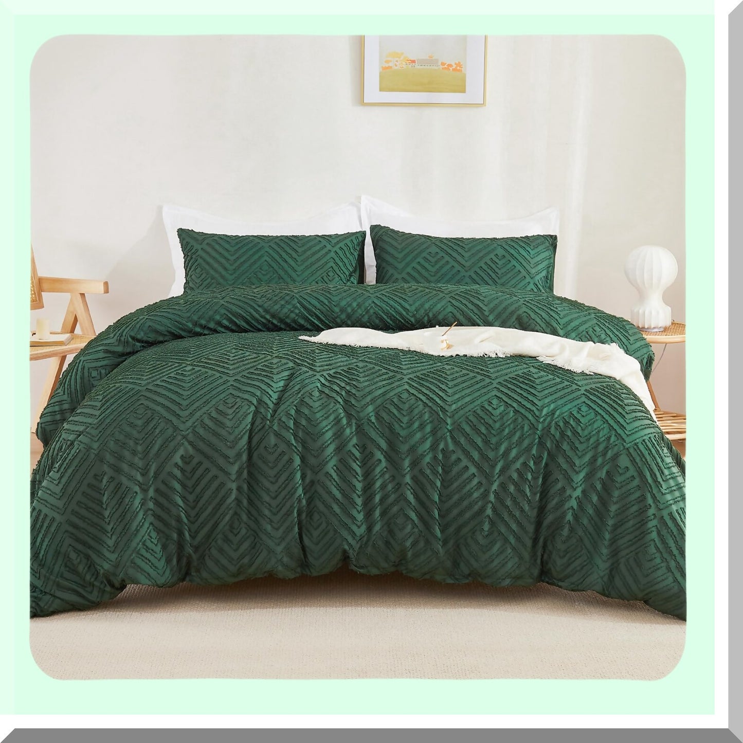 Emerald Green Boho Farmhouse Comforter Set - 3 Piece Tufted Bedding Set - Lightweight All Season Comforter - 104x96In - Fluffy Pillowcases - California Comfort
