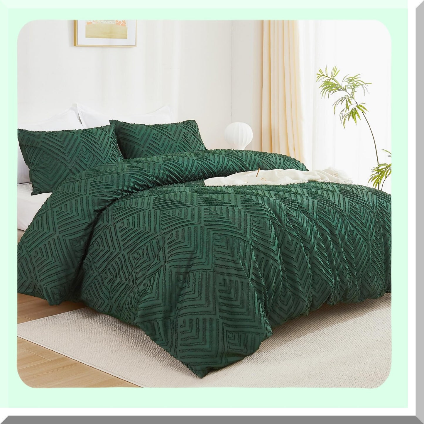 Emerald Green Boho Farmhouse Comforter Set - 3 Piece Tufted Bedding Set - Lightweight All Season Comforter - 104x96In - Fluffy Pillowcases - California Comfort